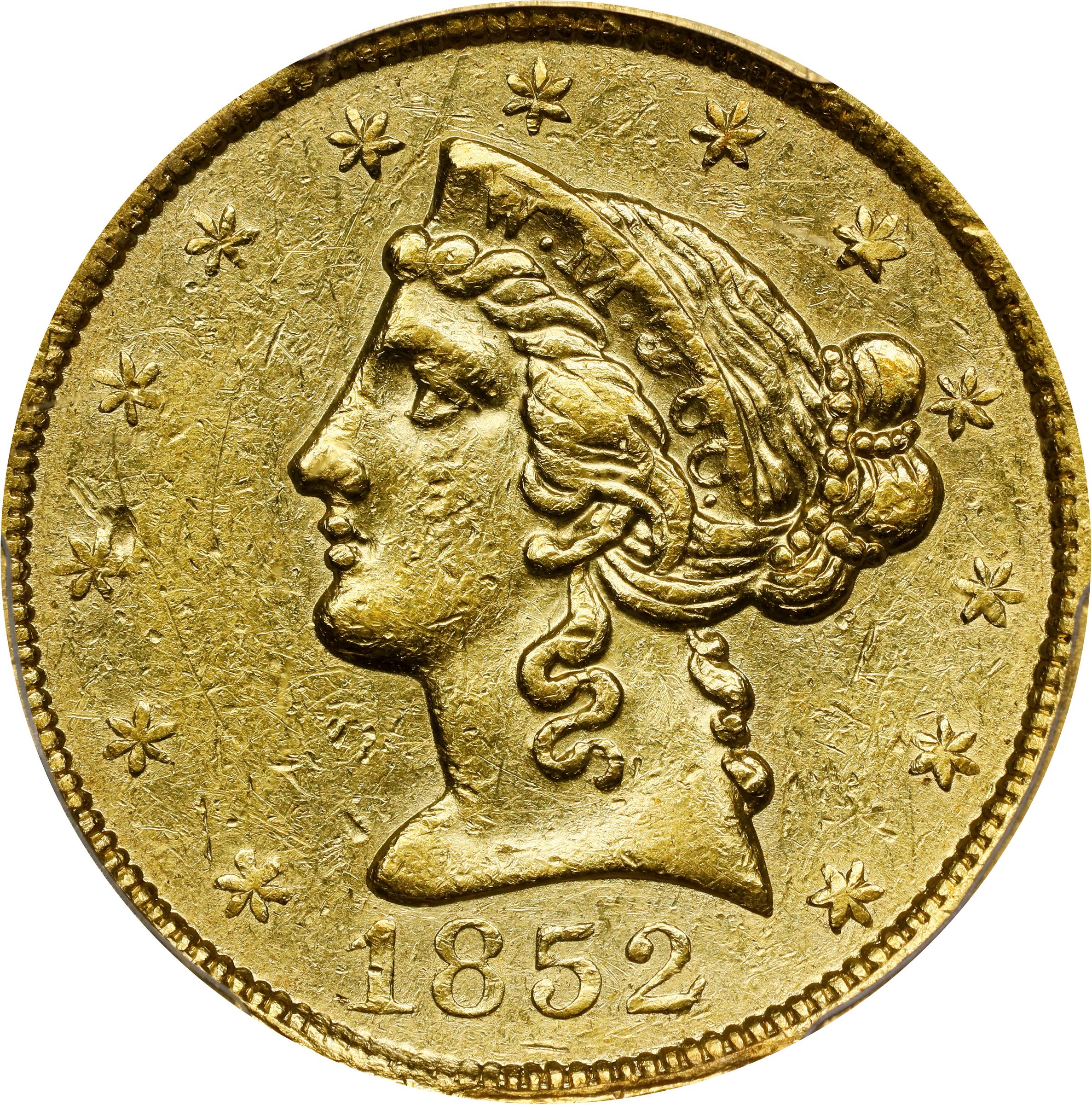 image for: 1852 Wass, Molitor & Co. $5. K-1. Rarity-6+. Small Head. AU-55 (PCGS).