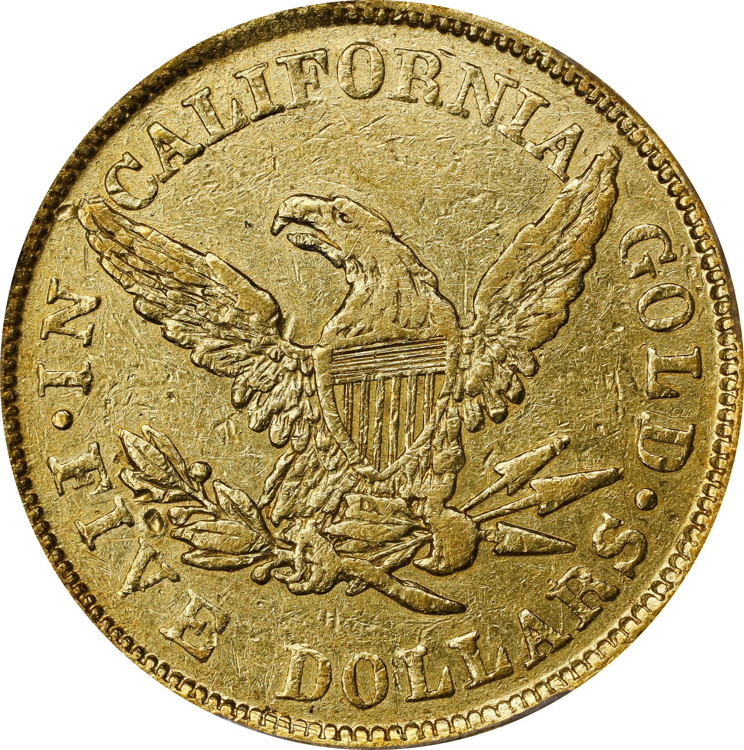 image for: 1852 Wass, Molitor & Co. $5. K-1. Rarity-6+. Small Head. AU-55 (PCGS).