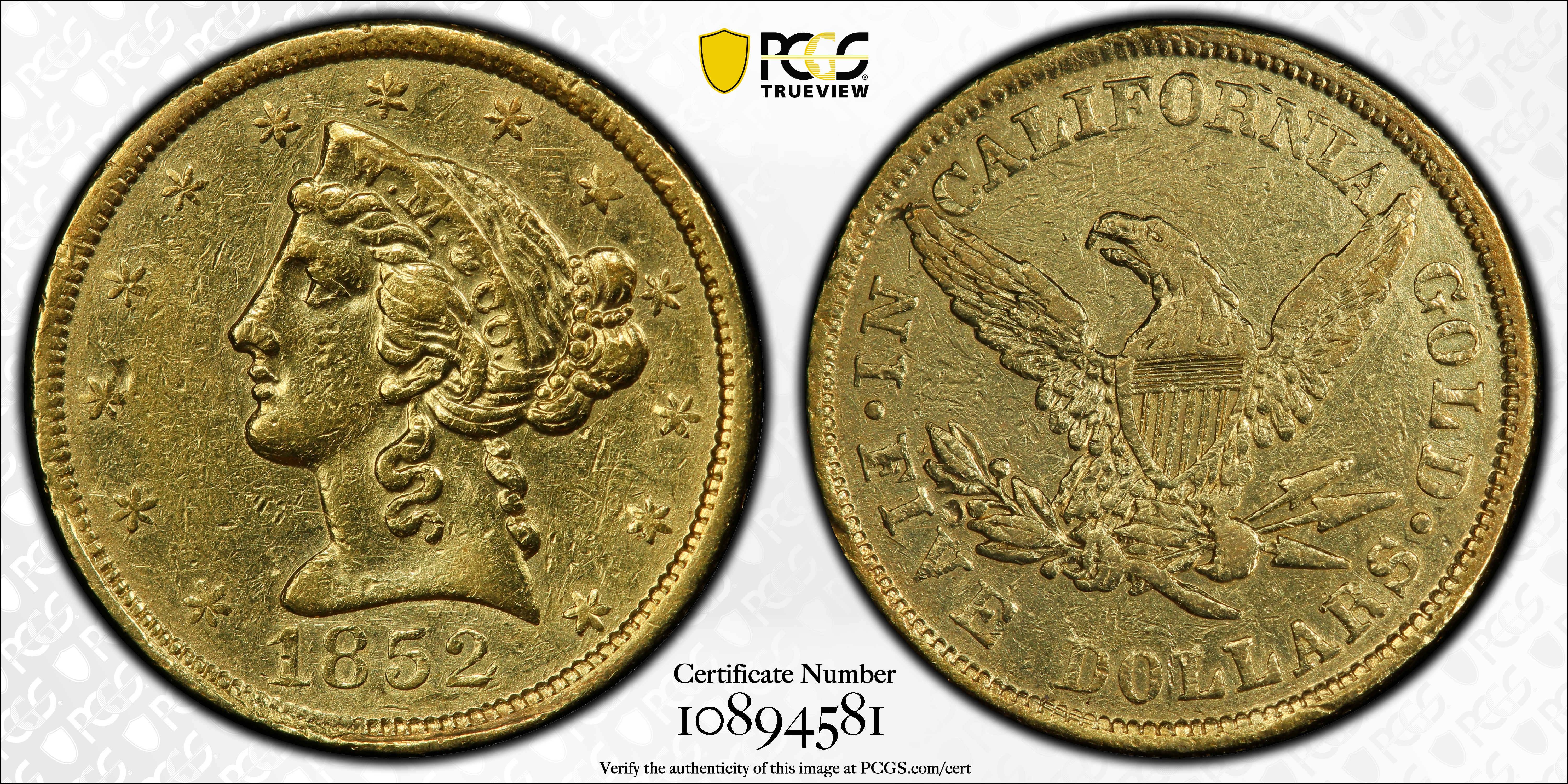 image for: 1852 Wass, Molitor & Co. $5. K-1. Rarity-6+. Small Head. AU-55 (PCGS).