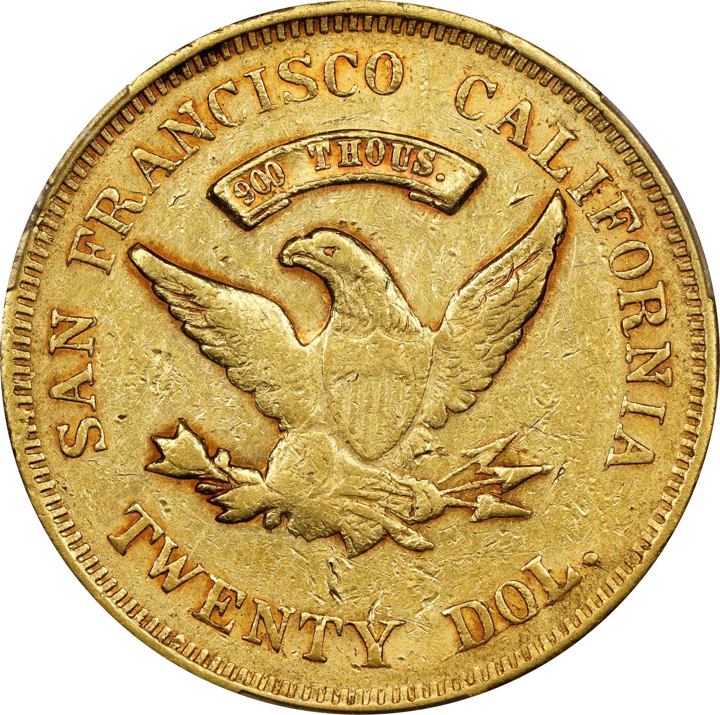 image for: 1855 Wass, Molitor & Co. $20. K-8a. Rarity-8+. Large Head, First Reverse. AU-50 (PCGS). CAC. CMQ.