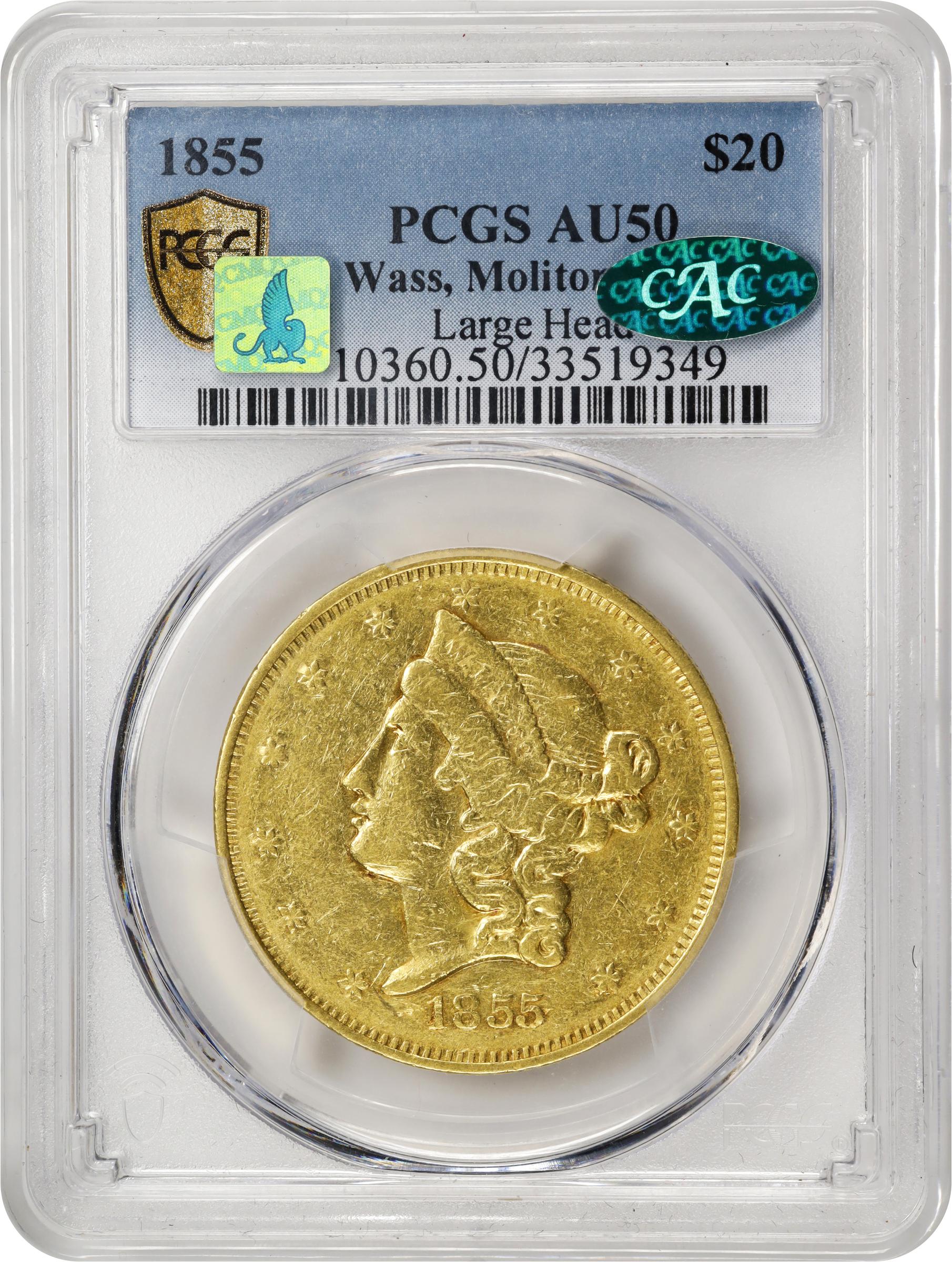 image for: 1855 Wass, Molitor & Co. $20. K-8a. Rarity-8+. Large Head, First Reverse. AU-50 (PCGS). CAC. CMQ.