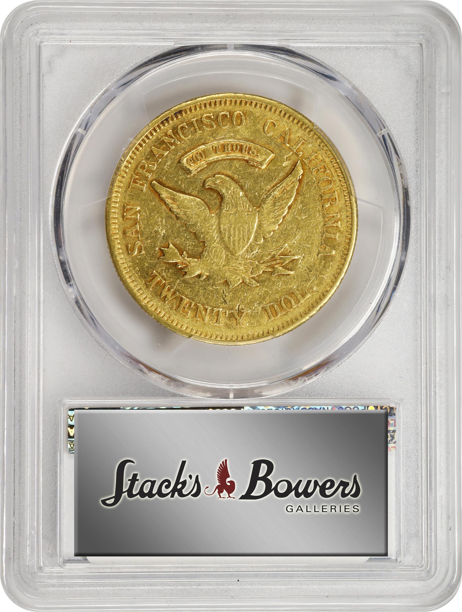 image for: 1855 Wass, Molitor & Co. $20. K-8a. Rarity-8+. Large Head, First Reverse. AU-50 (PCGS). CAC. CMQ.