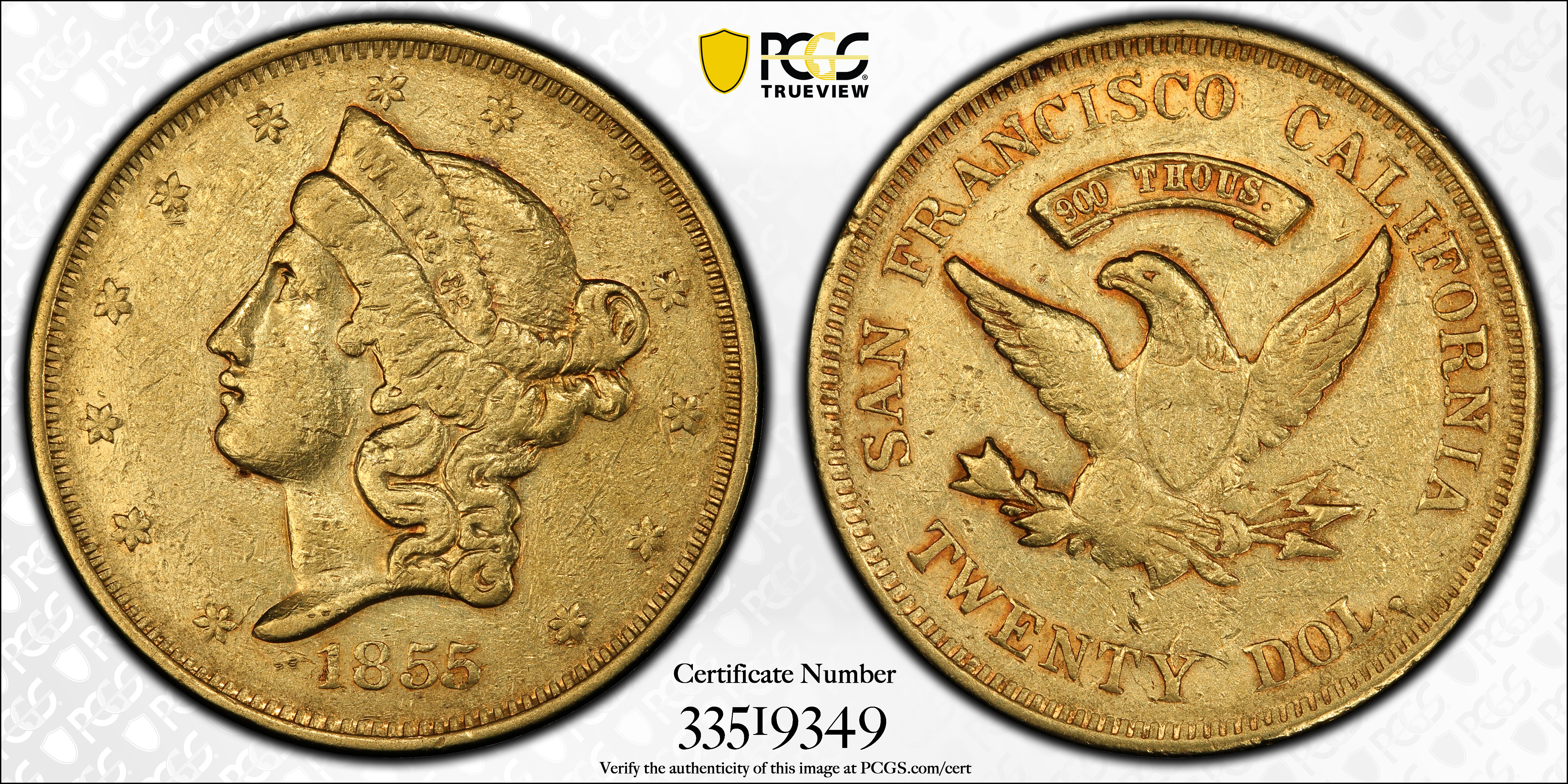 image for: 1855 Wass, Molitor & Co. $20. K-8a. Rarity-8+. Large Head, First Reverse. AU-50 (PCGS). CAC. CMQ.
