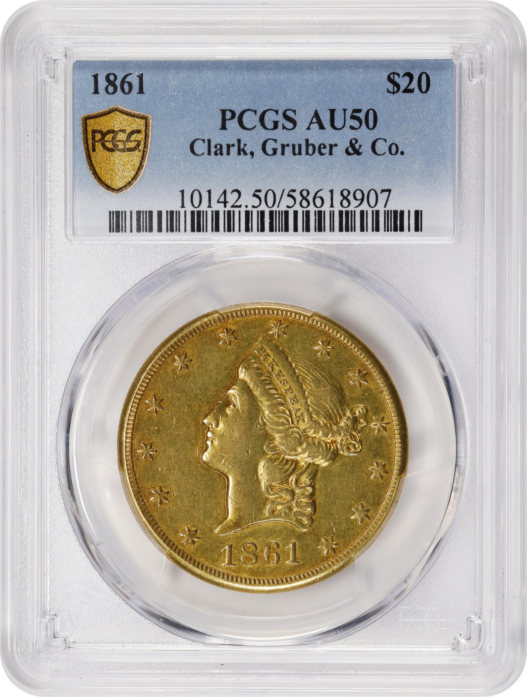 image for: 1861 Clark, Gruber & Co. $20. K-8. Rarity-6. AU-50 (PCGS).