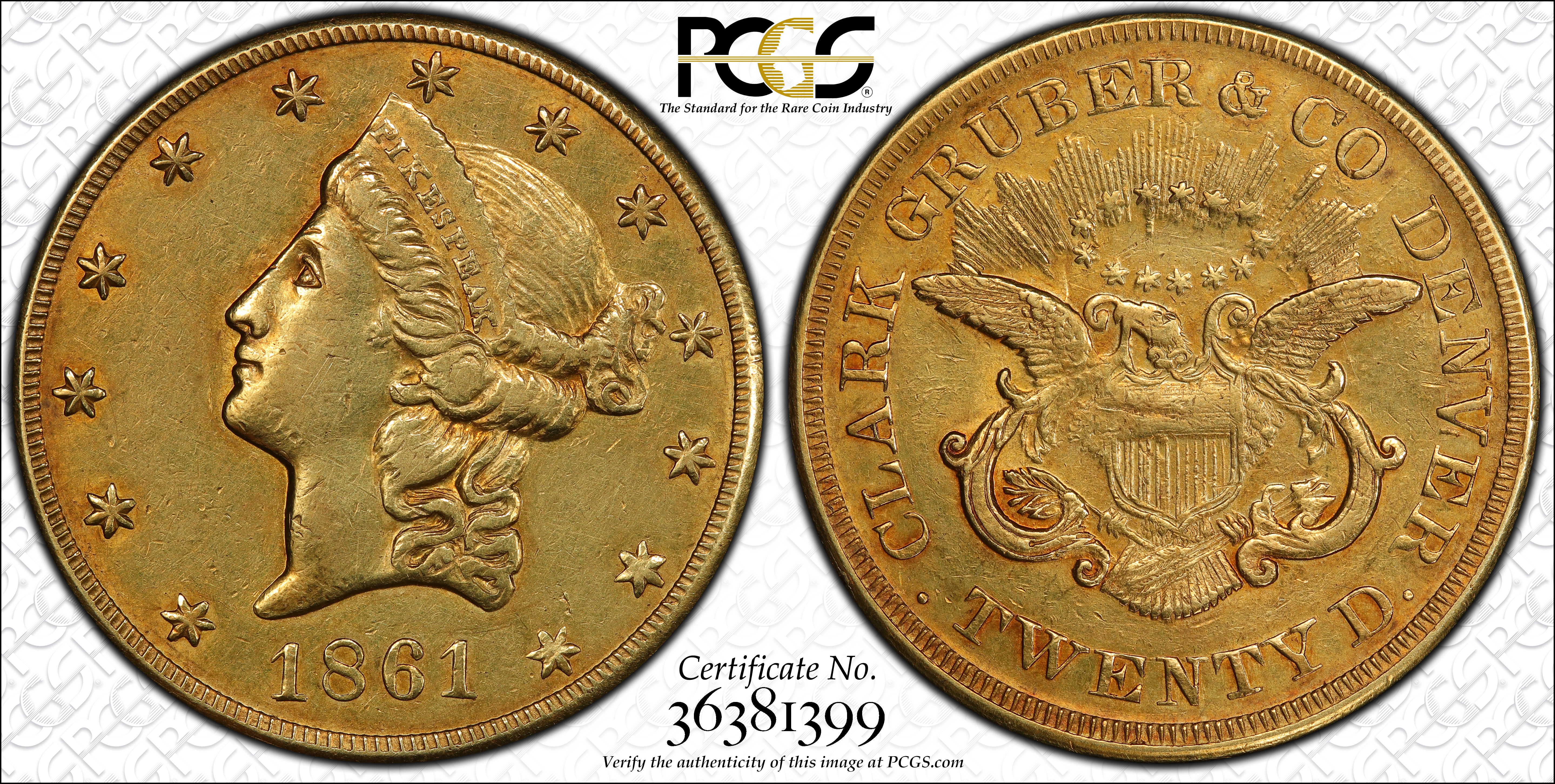 image for: 1861 Clark, Gruber & Co. $20. K-8. Rarity-6. AU-50 (PCGS).