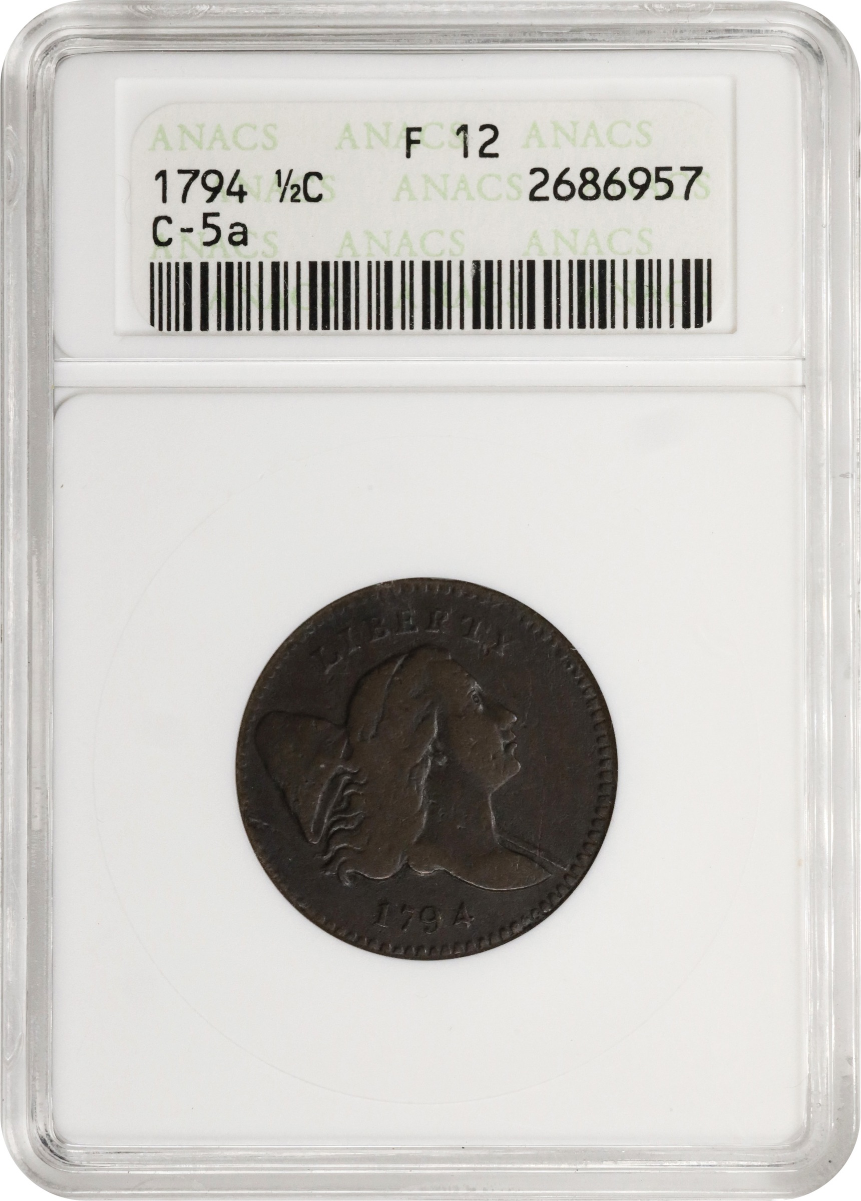 image for: 1794 Liberty Cap Half Cent. C-5a. Rarity-4+. Normal Head, Small Edge Letters. Fine-12 (ANACS). OH.
