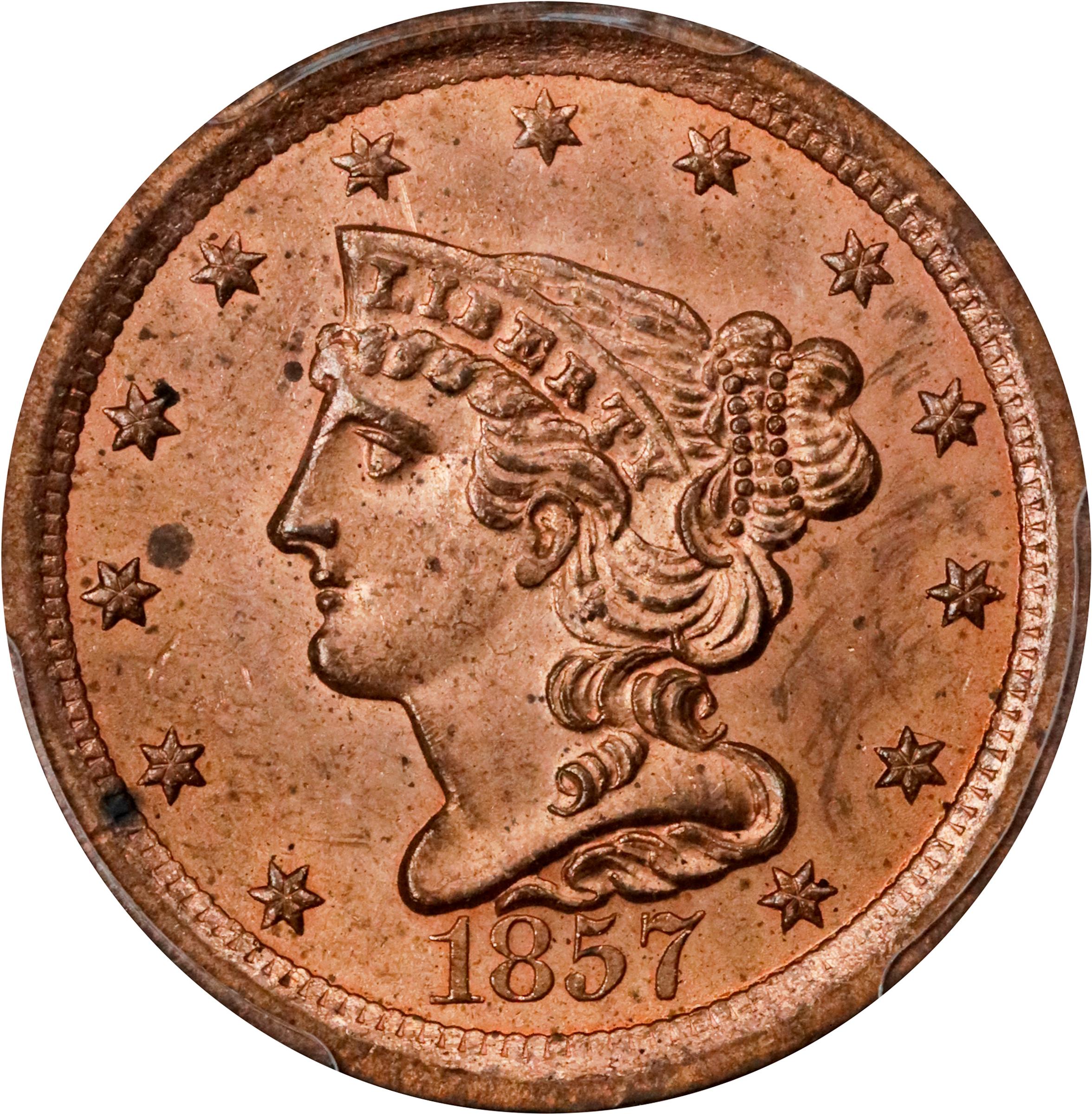 image for: 1857 Braided Hair Half Cent. C-1. Rarity-2. MS-64 RD (PCGS).