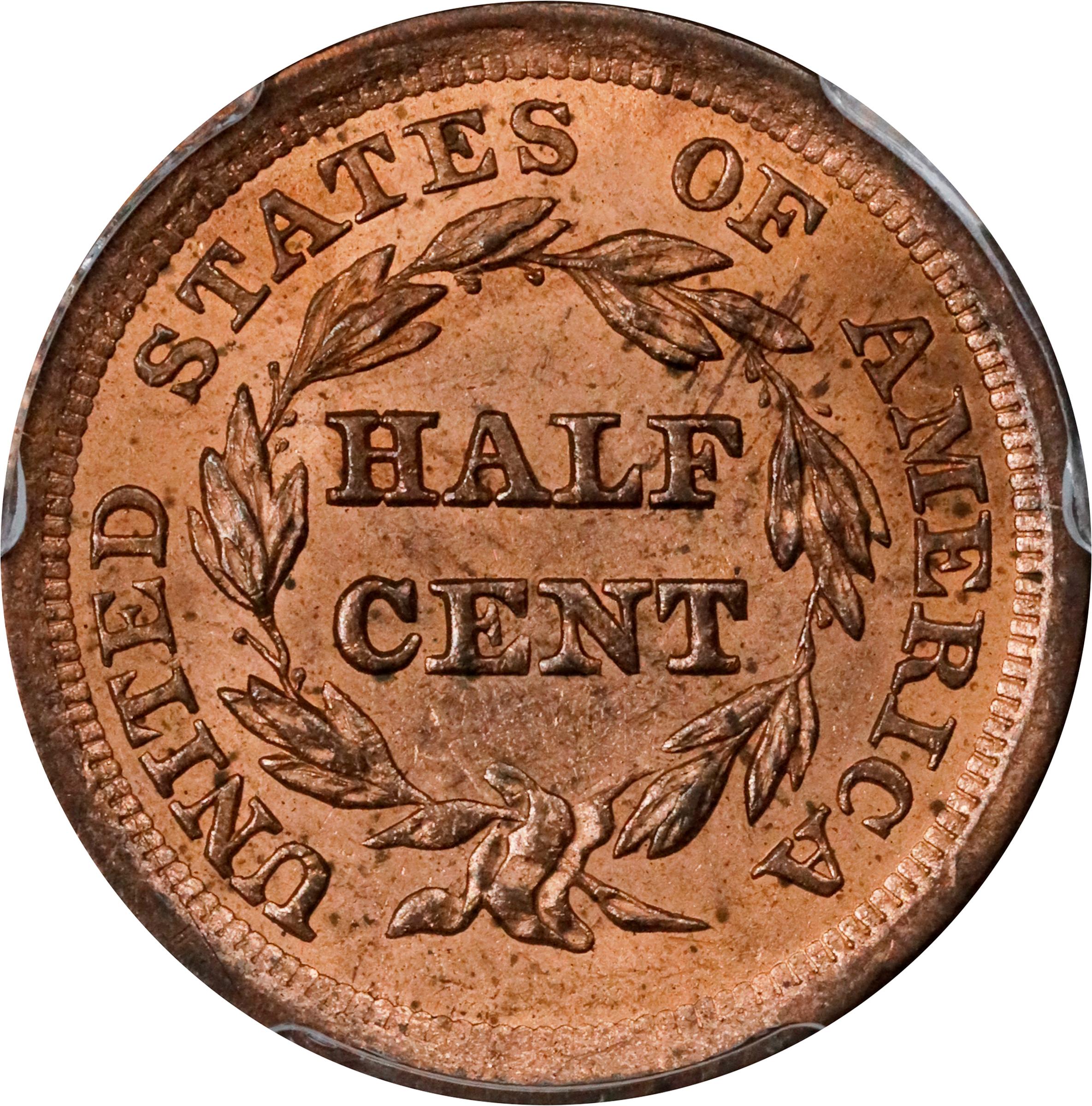 image for: 1857 Braided Hair Half Cent. C-1. Rarity-2. MS-64 RD (PCGS).