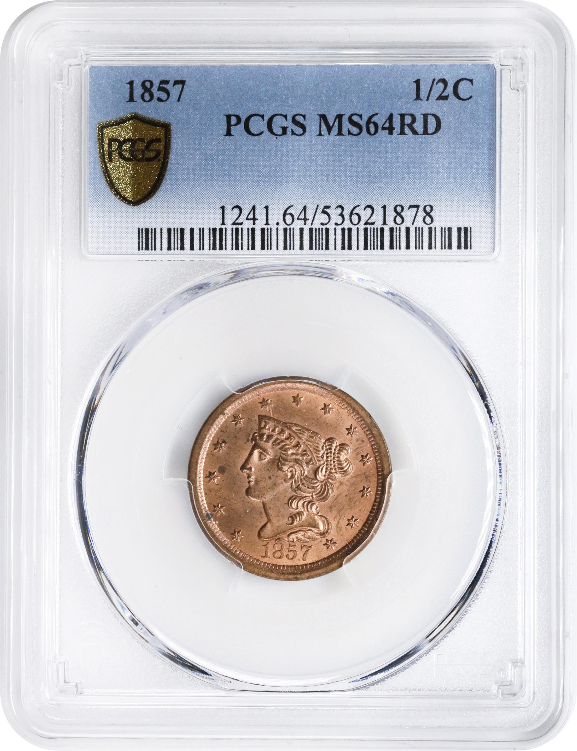 image for: 1857 Braided Hair Half Cent. C-1. Rarity-2. MS-64 RD (PCGS).