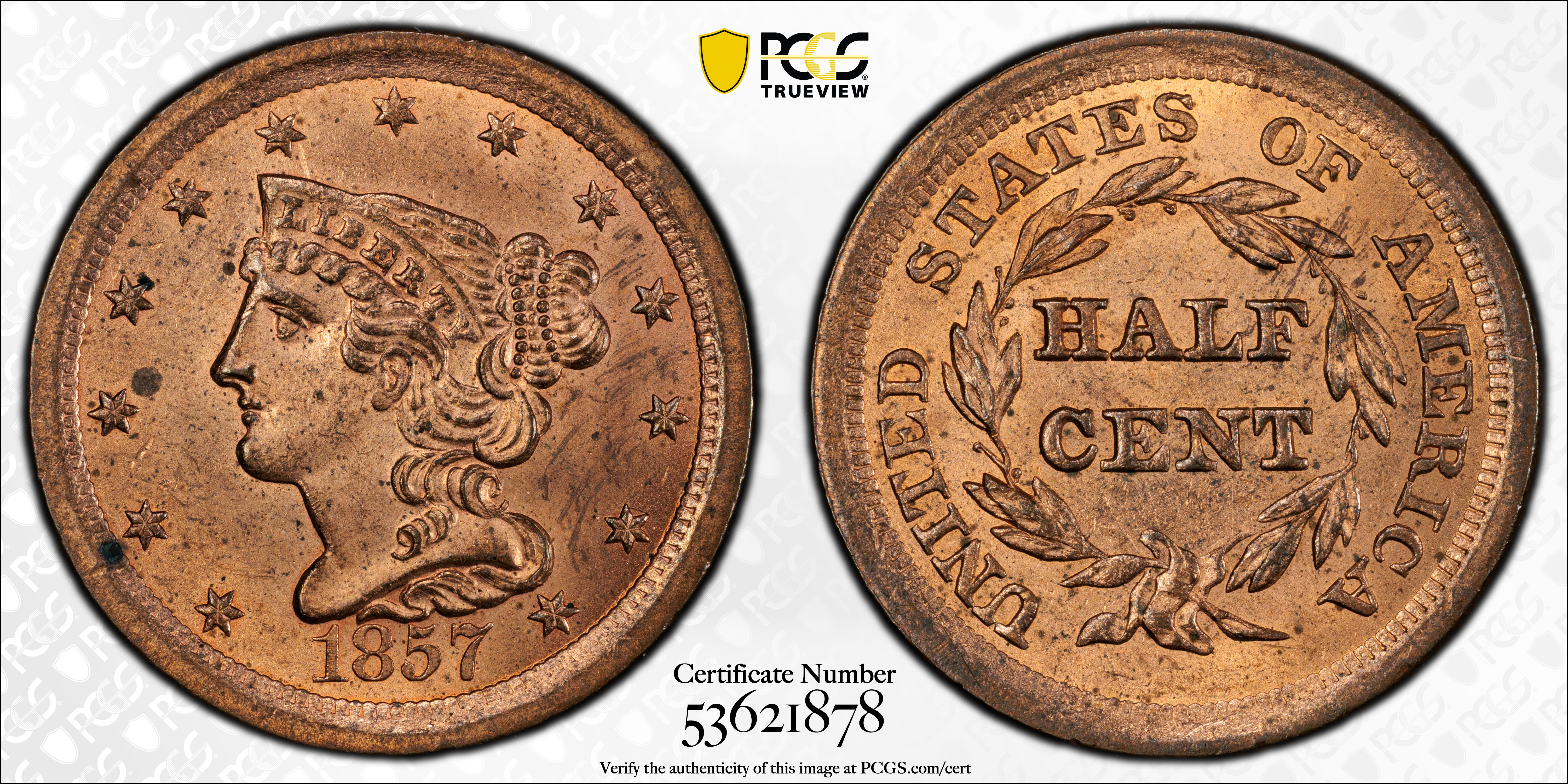image for: 1857 Braided Hair Half Cent. C-1. Rarity-2. MS-64 RD (PCGS).