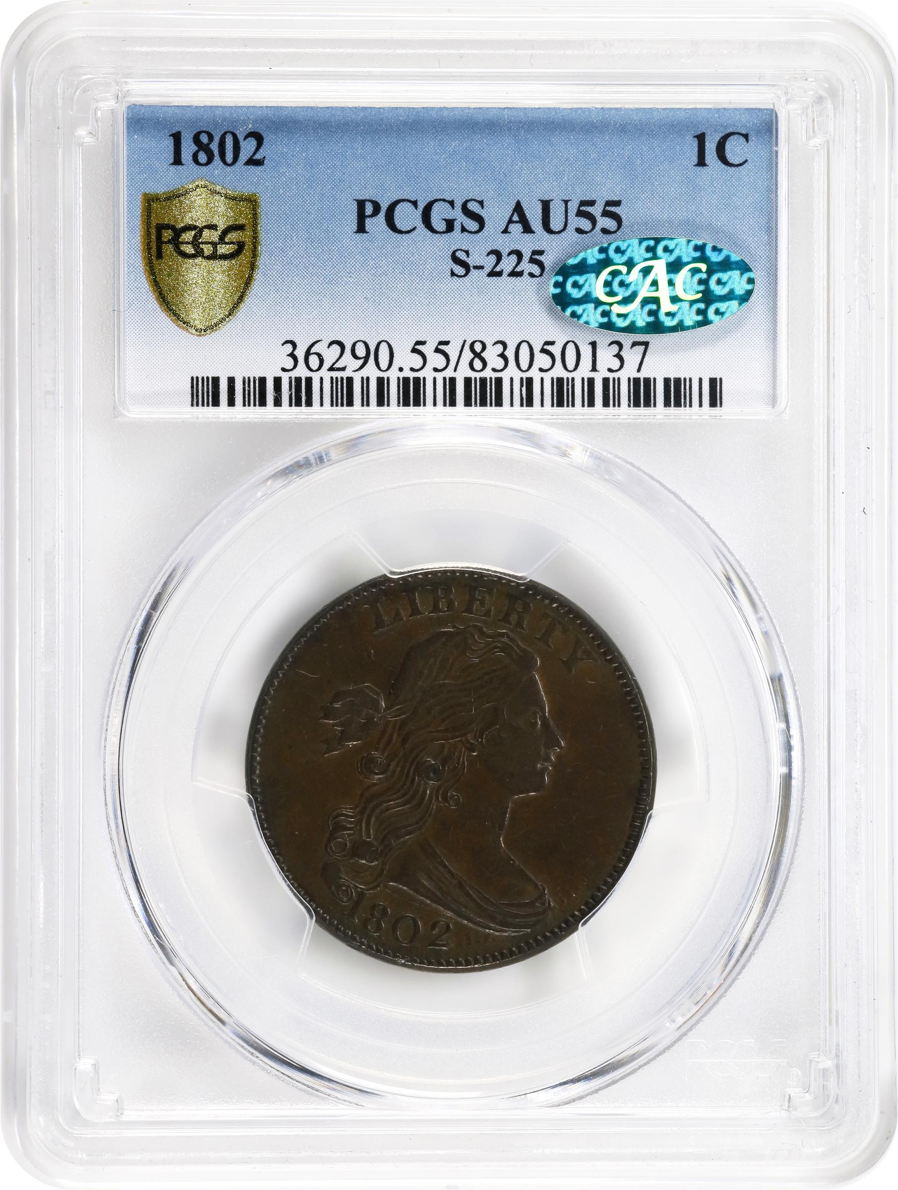 image for: 1802 Draped Bust Cent. S-225, B-1. Rarity-3. AU-55 (PCGS). CAC.