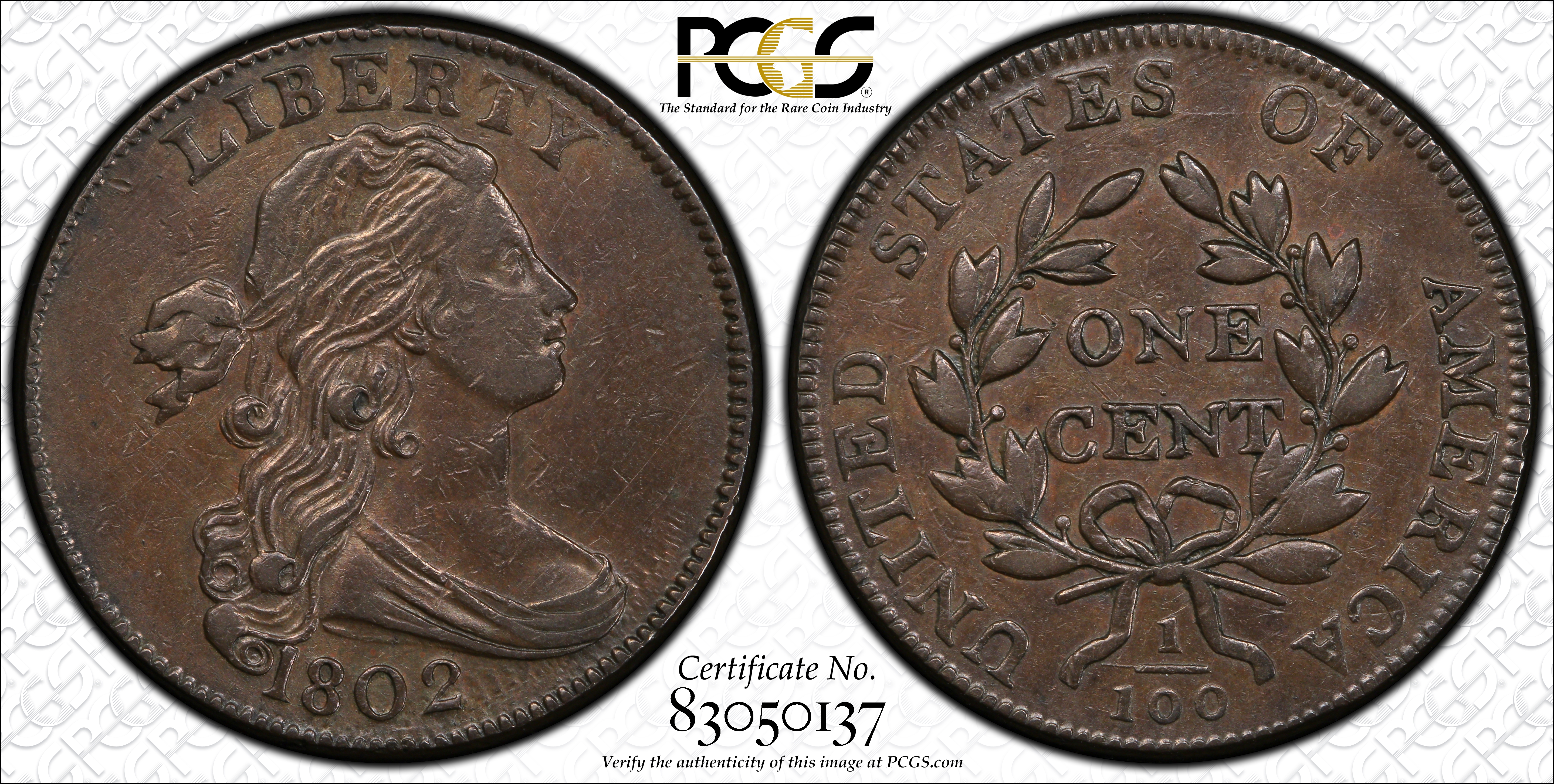 image for: 1802 Draped Bust Cent. S-225, B-1. Rarity-3. AU-55 (PCGS). CAC.