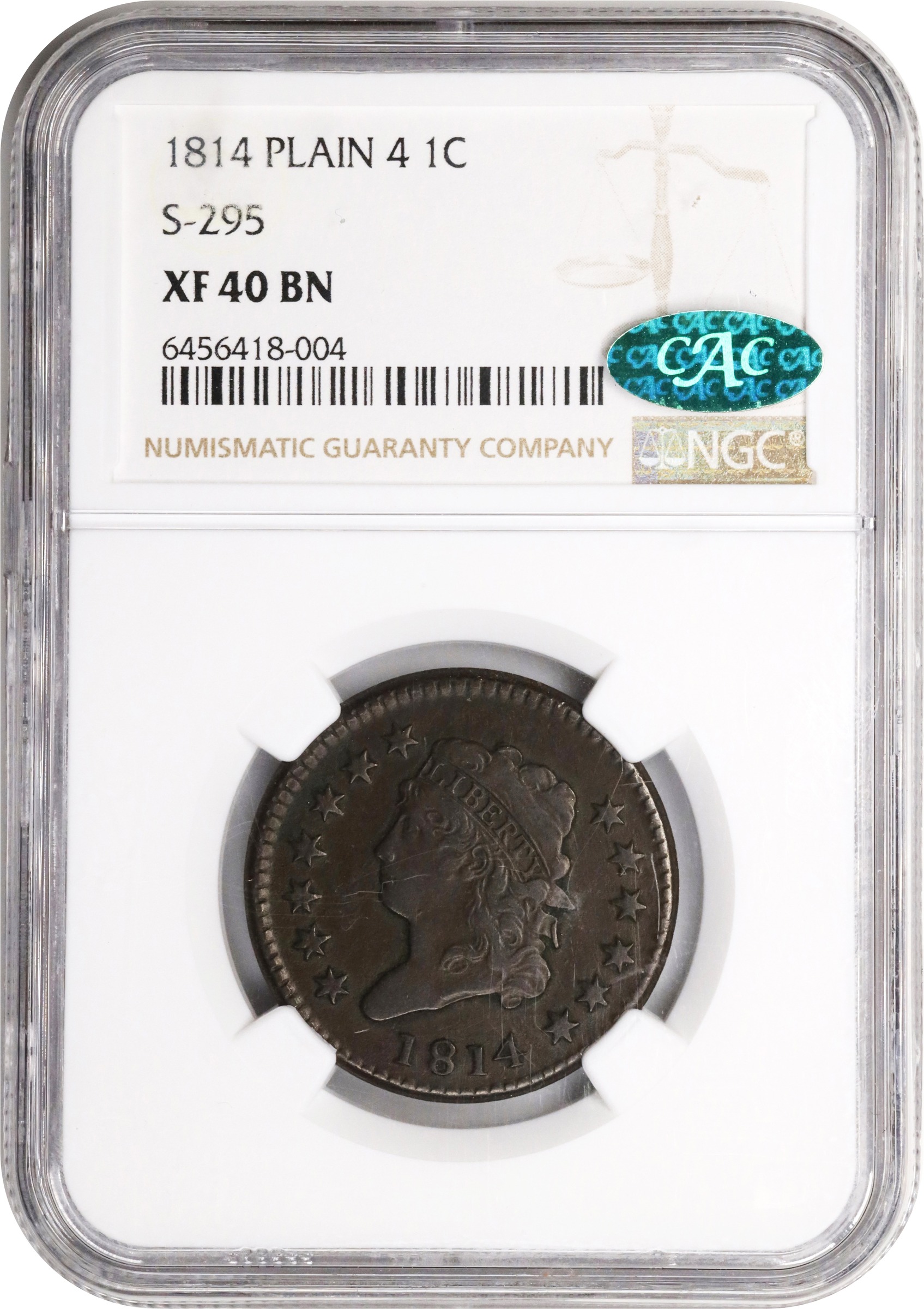 image for: 1814 Classic Head Cent. S-295, B-2. Rarity-1. Plain 4. EF-40 BN (NGC). CAC.