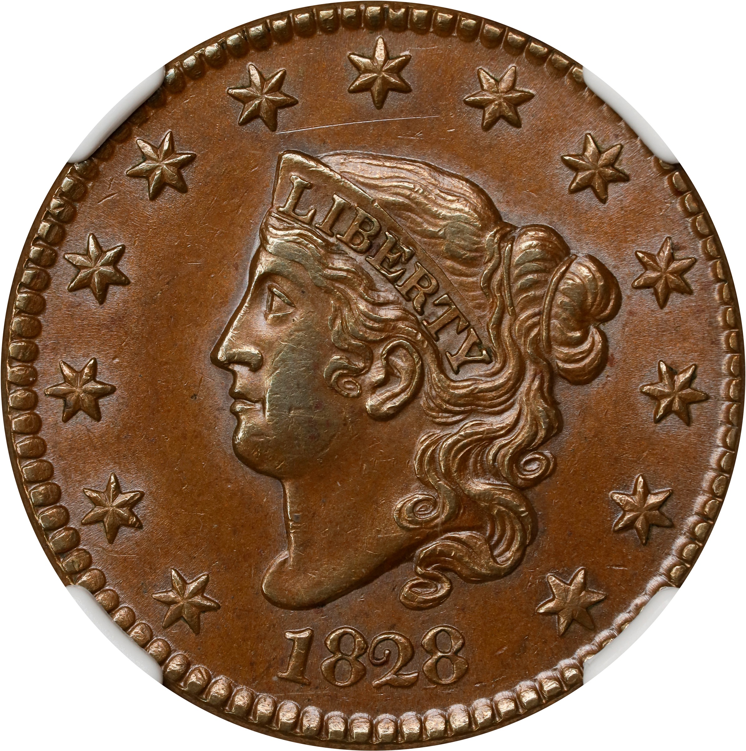 image for: 1828 Matron Head Cent. N-2. Rarity-2. Large Narrow Date. MS-62 BN (NGC).