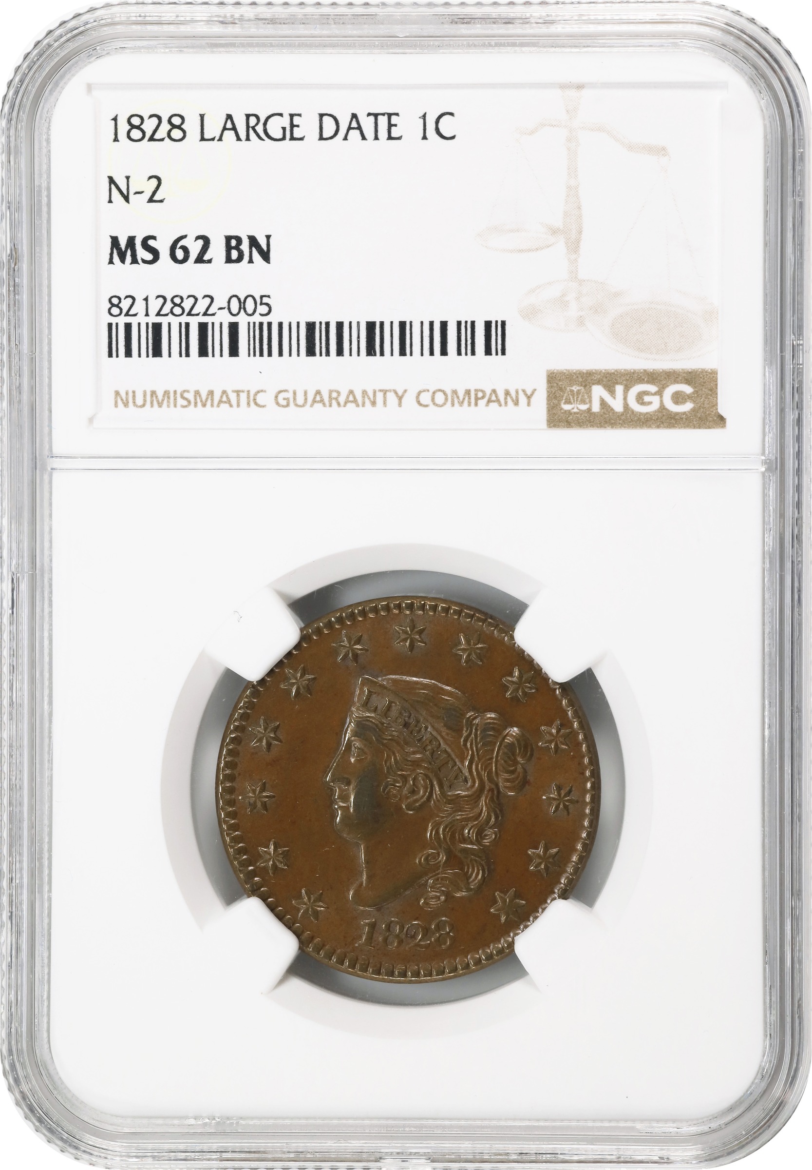 image for: 1828 Matron Head Cent. N-2. Rarity-2. Large Narrow Date. MS-62 BN (NGC).