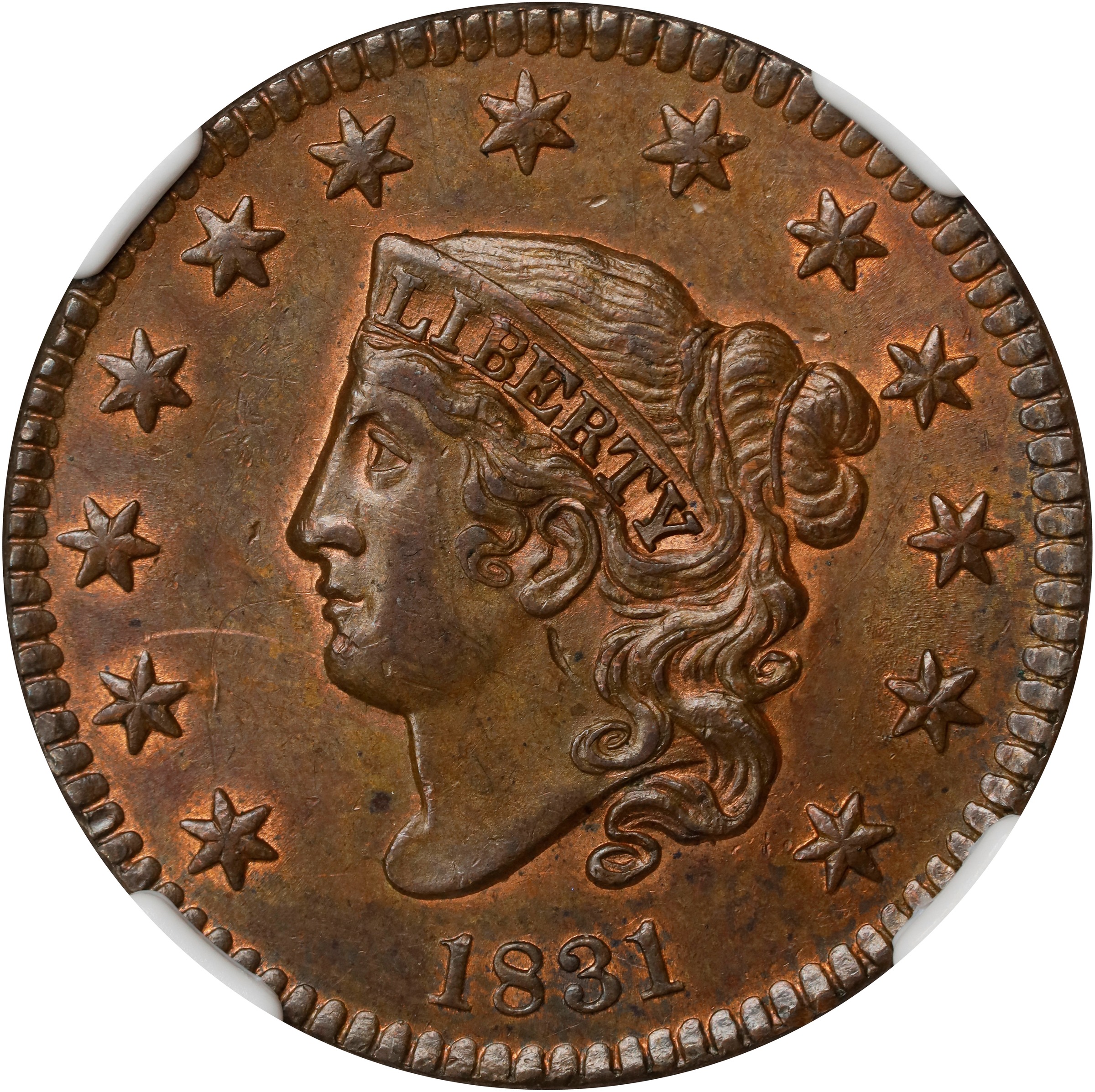 image for: 1831 Matron Head Cent. N-6. Rarity-1. Large Letters. MS-63 BN (NGC).
