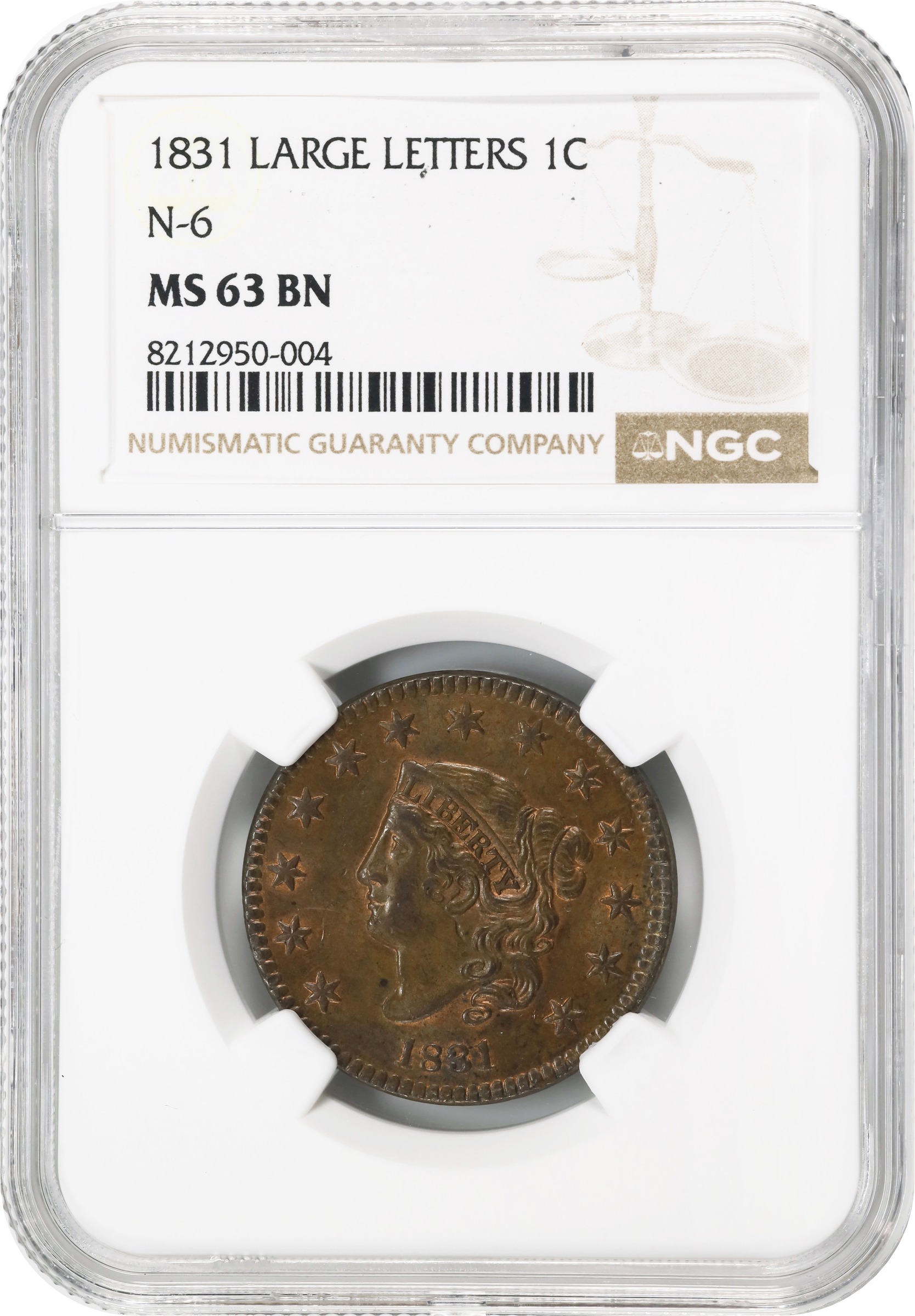 image for: 1831 Matron Head Cent. N-6. Rarity-1. Large Letters. MS-63 BN (NGC).