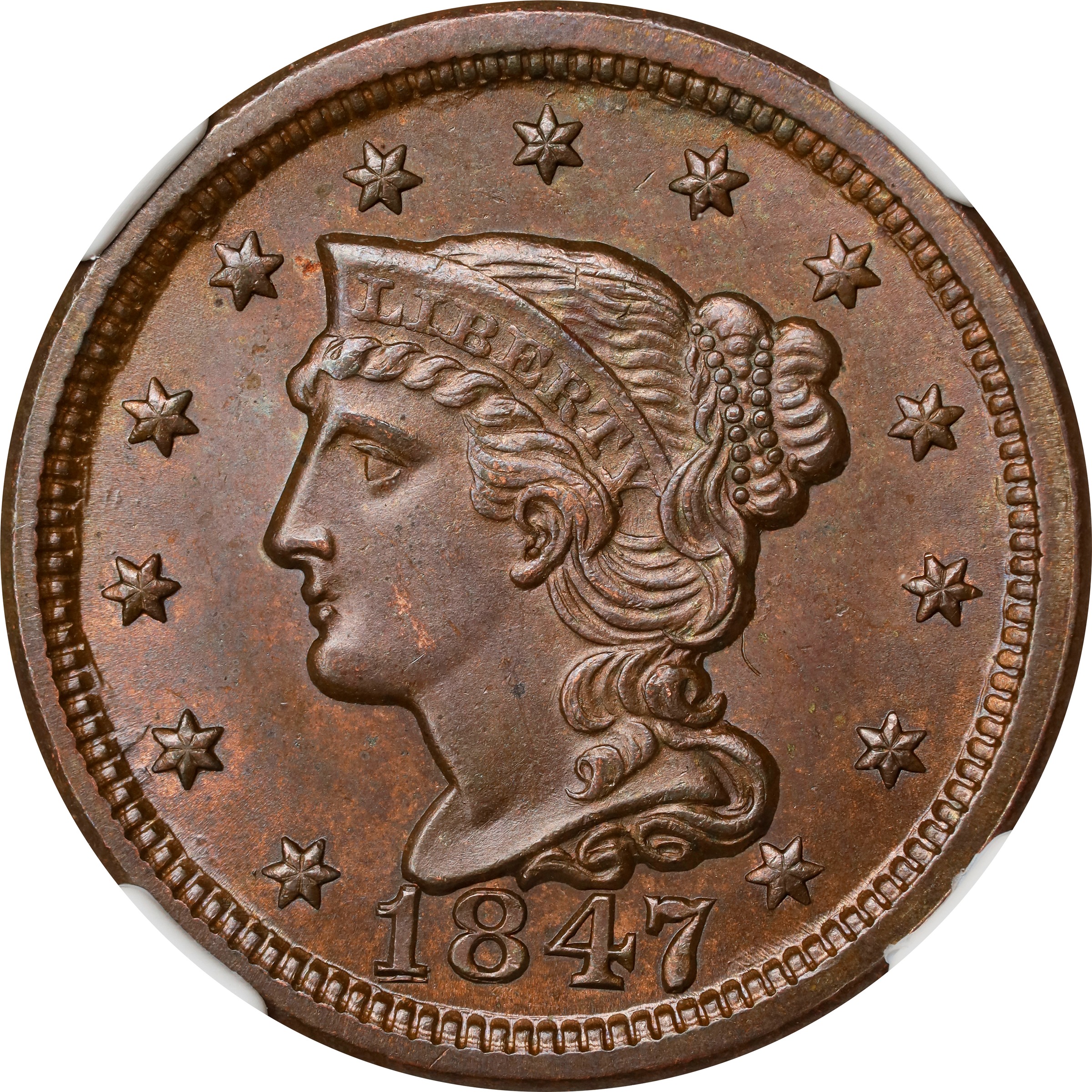 image for: 1847 Braided Hair Cent. N-4. Rarity-3. MS-65 BN (NGC).