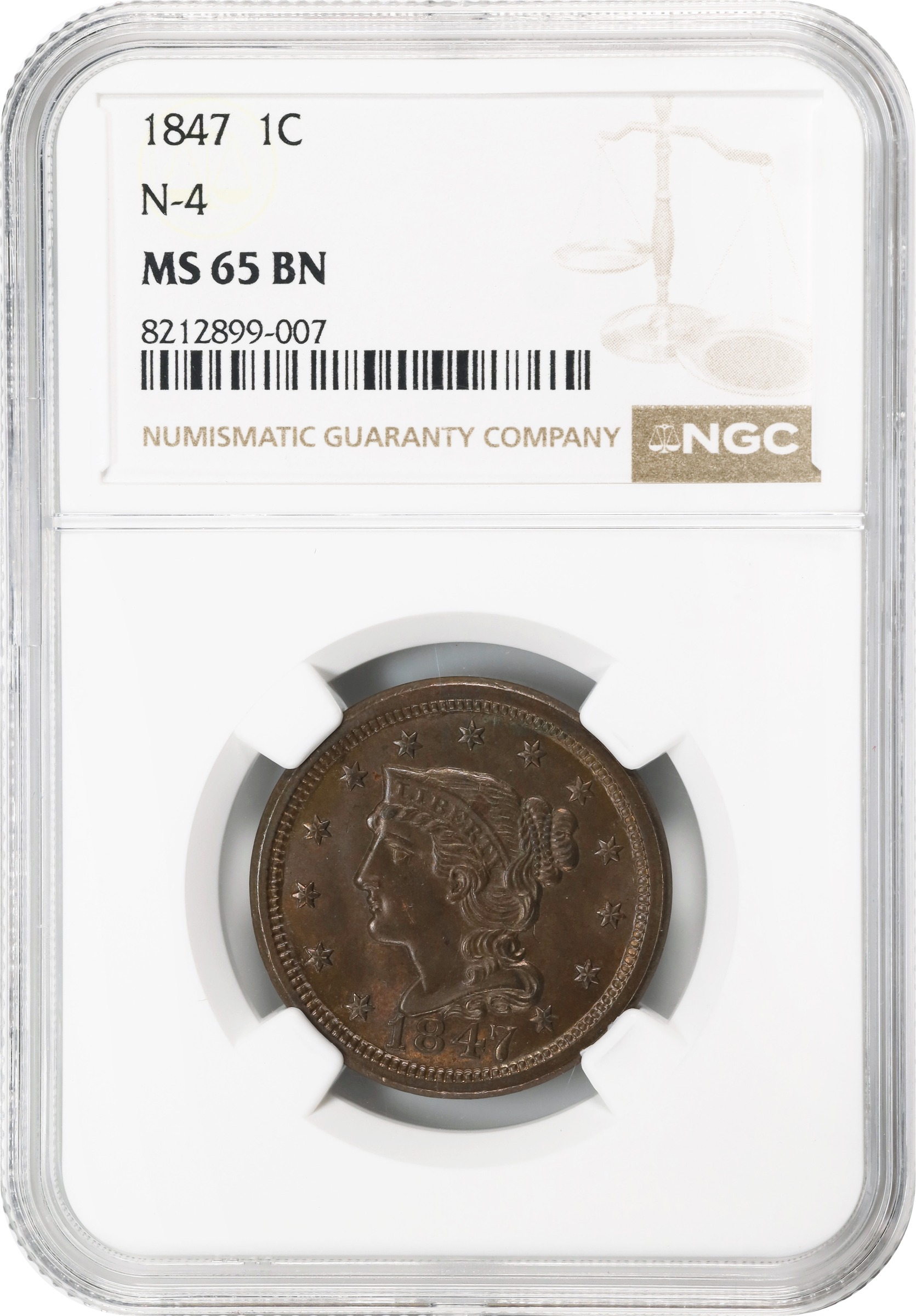 image for: 1847 Braided Hair Cent. N-4. Rarity-3. MS-65 BN (NGC).
