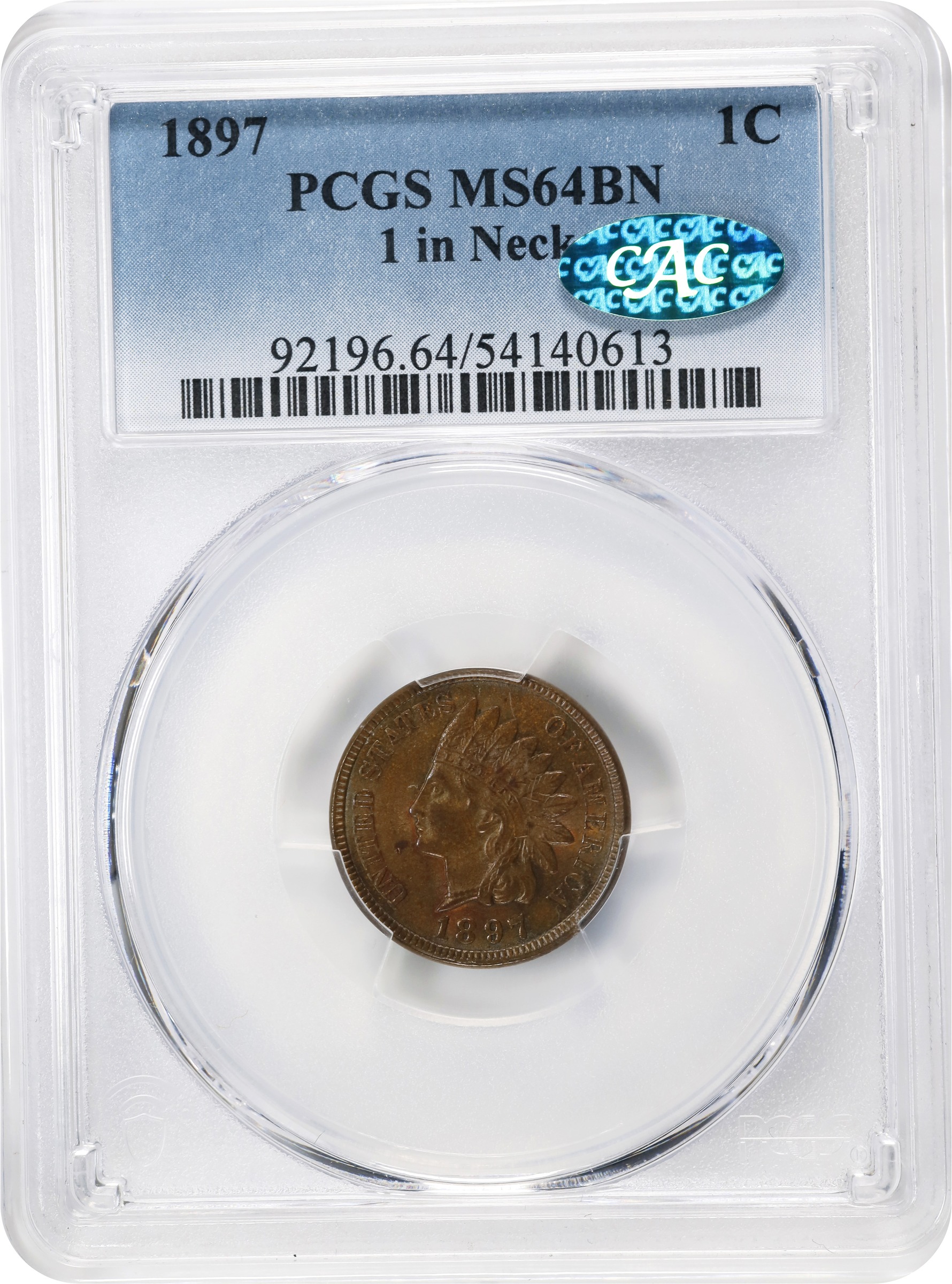 image for: 1897 Indian Cent. Snow-1, FS-401. Misplaced Date, 1 in Neck. MS-64 BN (PCGS). CAC.