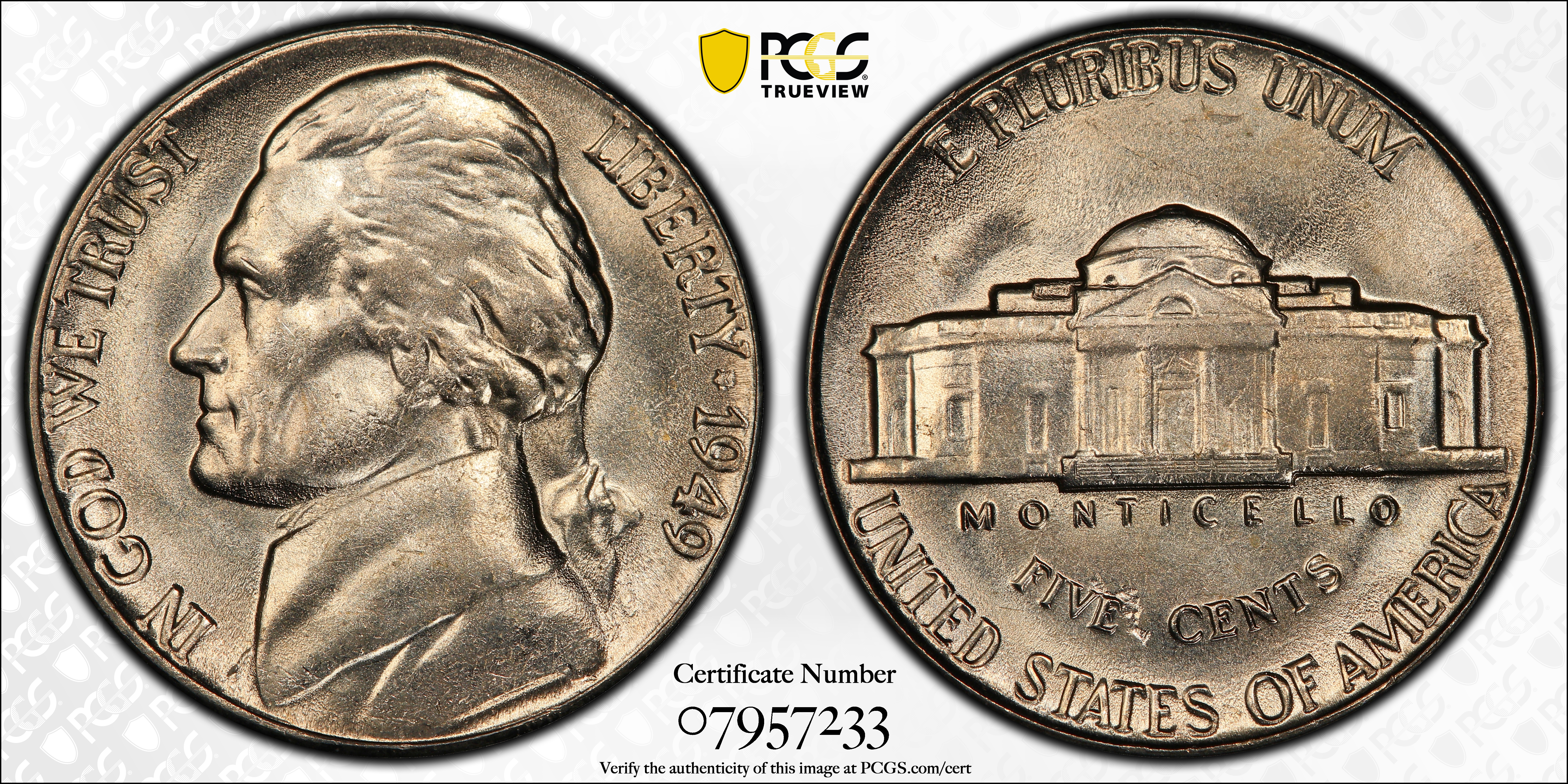 image for: 1949 Jefferson Nickel. MS-65 FS (PCGS).