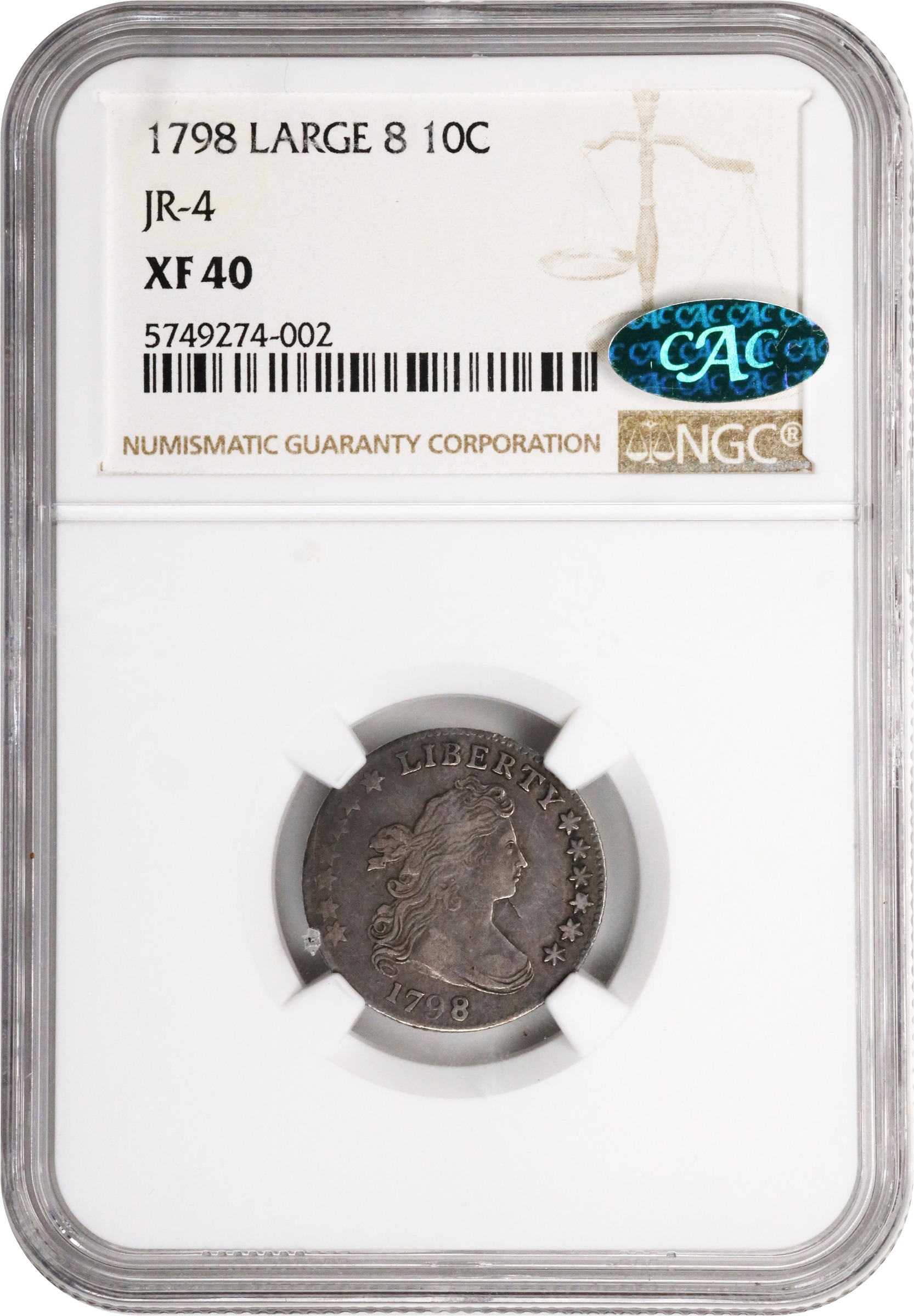 image for: 1798 Draped Bust Dime. JR-4. Rarity-3. Large 8. EF-40 (NGC). CAC.