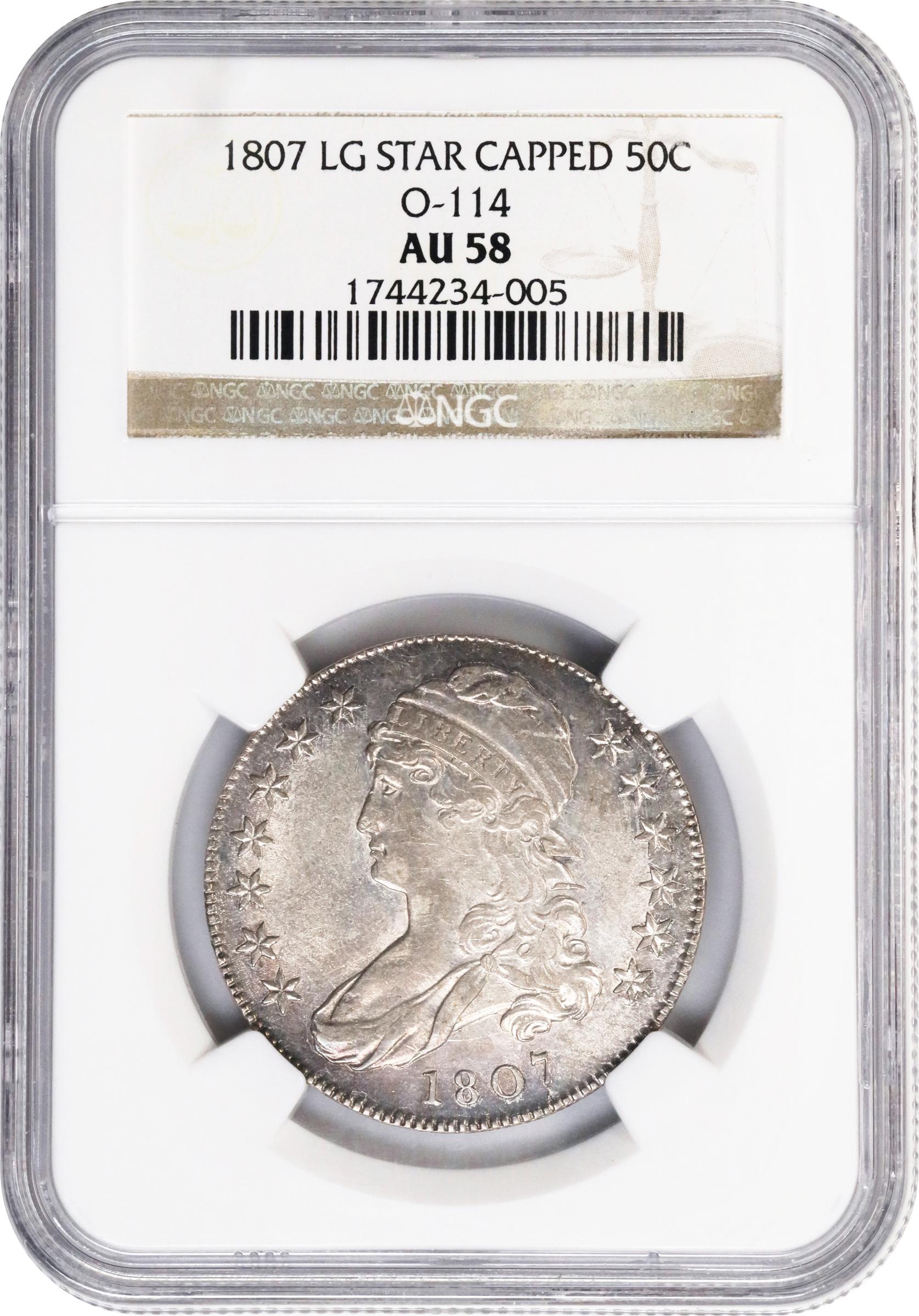 image for: 1807 Capped Bust Half Dollar. O-114. Rarity-3. Large Stars. AU-58 (NGC).