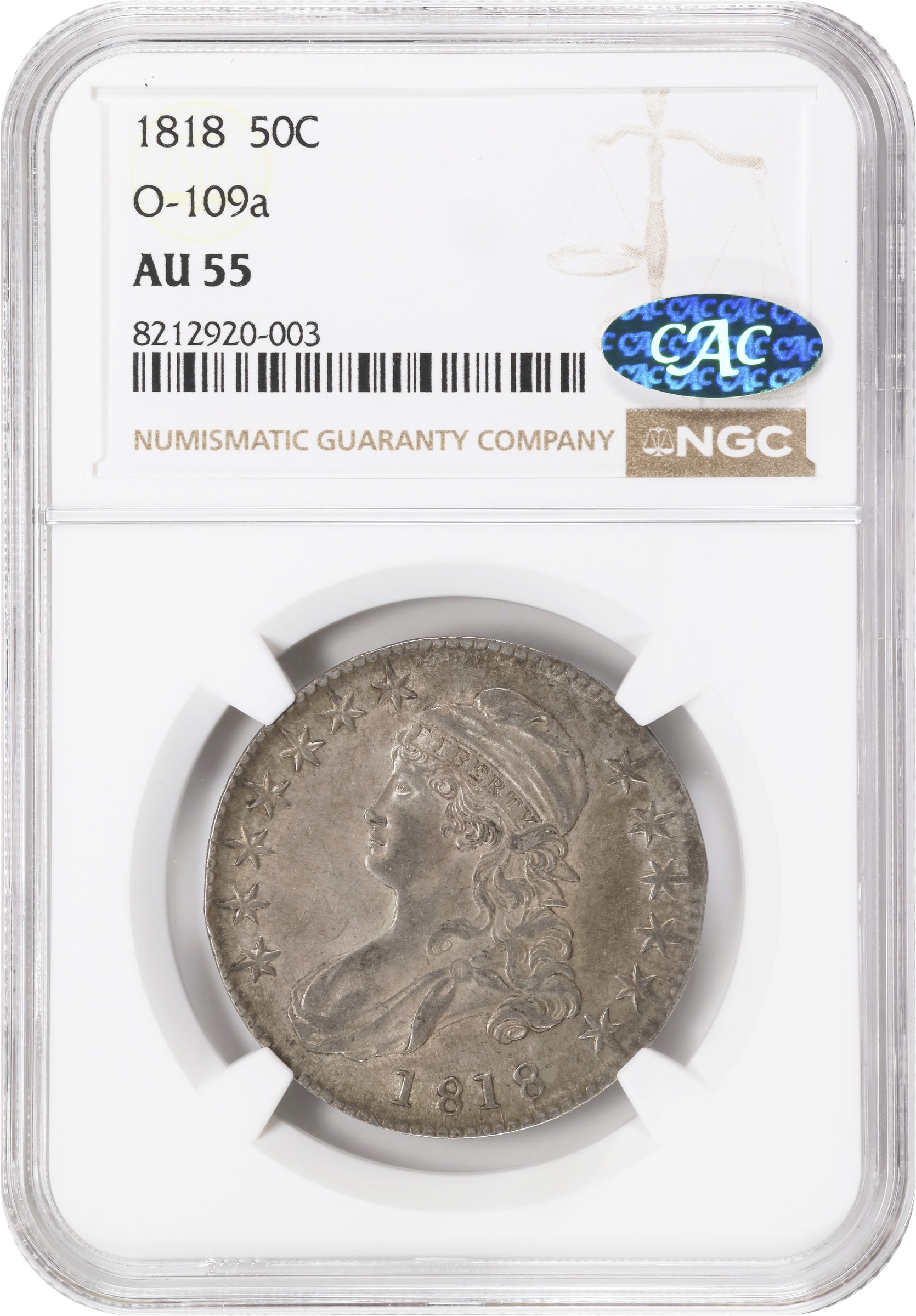 image for: 1818 Capped Bust Half Dollar. O-109a. Rarity-2. AU-55 (NGC). CAC.