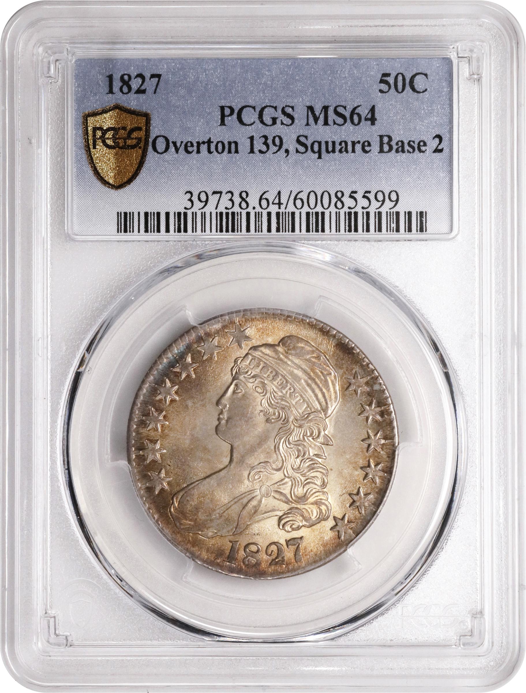 image for: 1827 Capped Bust Half Dollar. O-139. Rarity-4-. Square Base 2. MS-64 (PCGS).