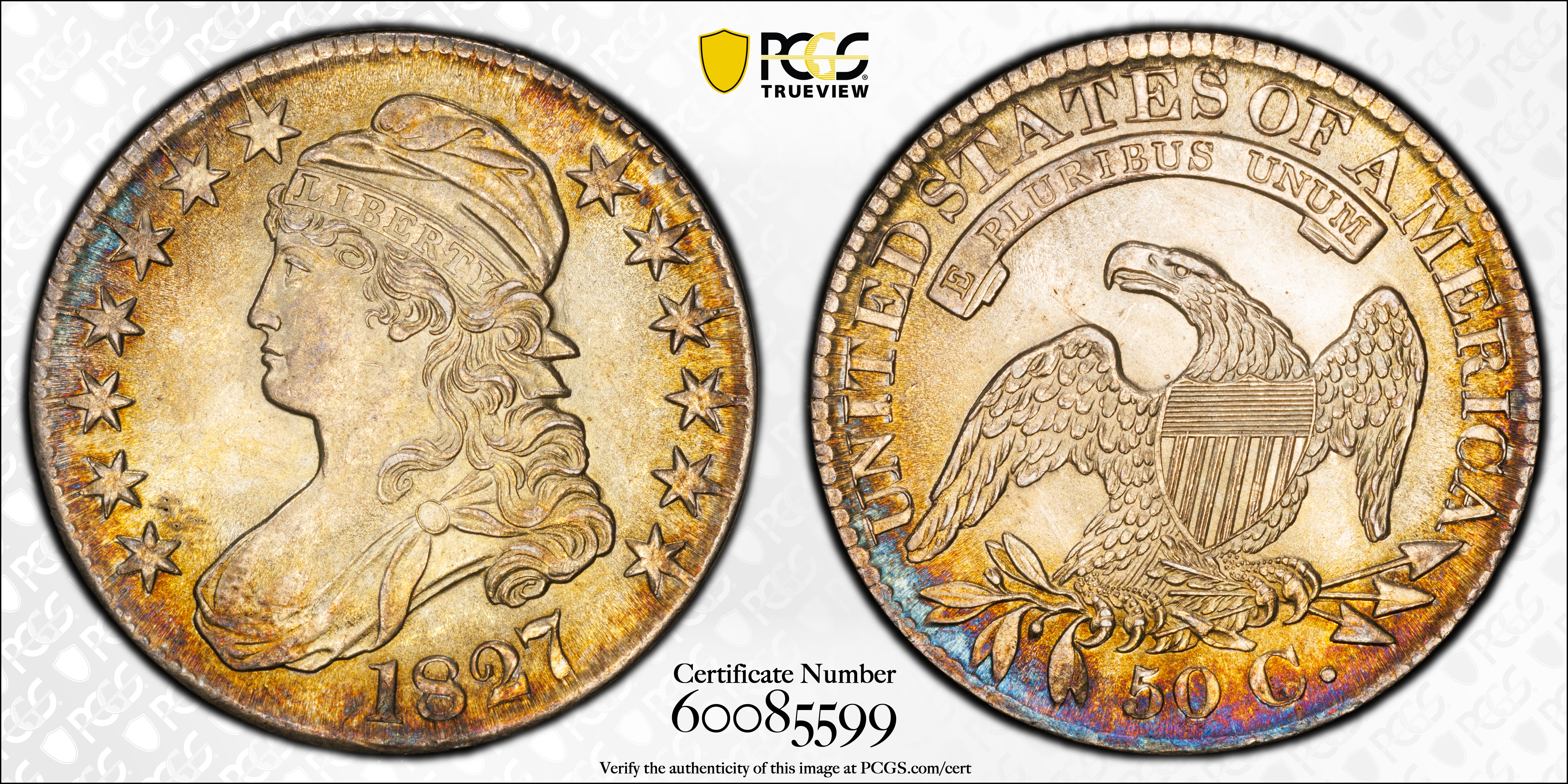 image for: 1827 Capped Bust Half Dollar. O-139. Rarity-4-. Square Base 2. MS-64 (PCGS).