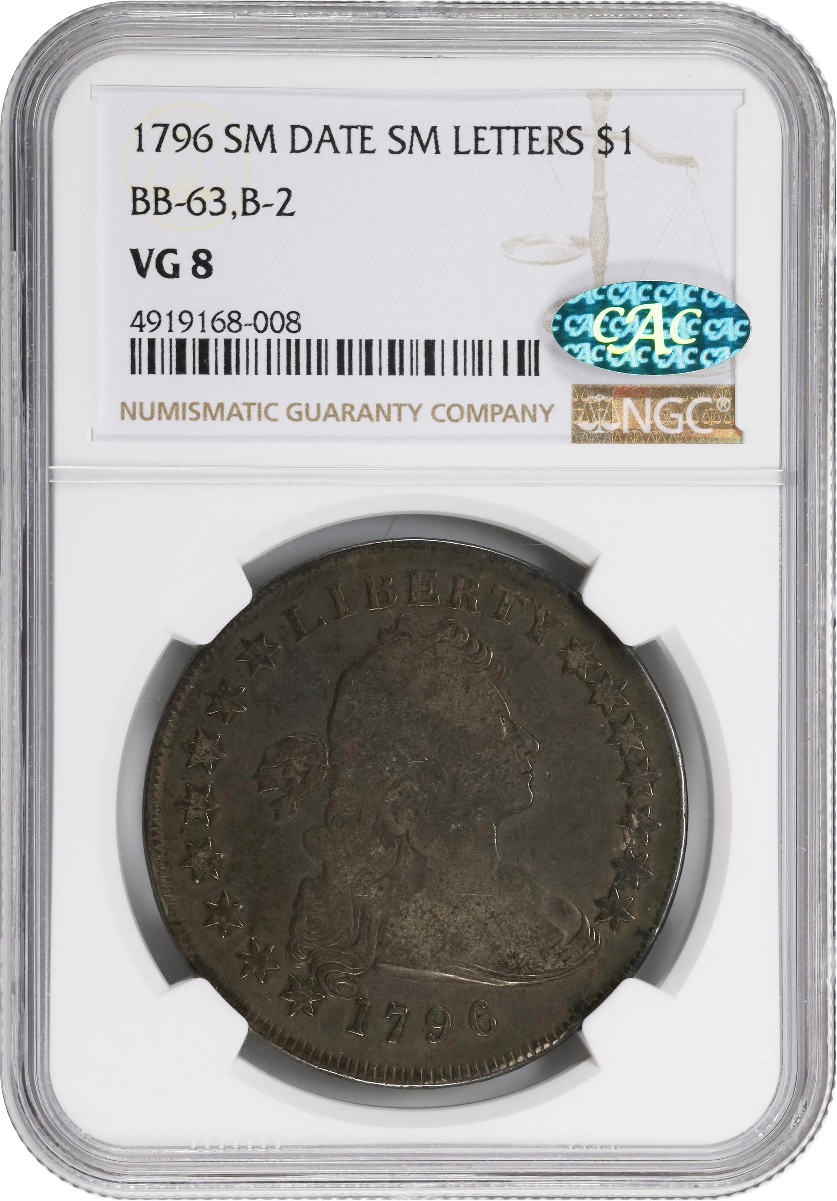 image for: 1796 Draped Bust Silver Dollar. BB-63, B-2. Rarity-4. Small Date, Small Letters. VG-8 (NGC). CAC.