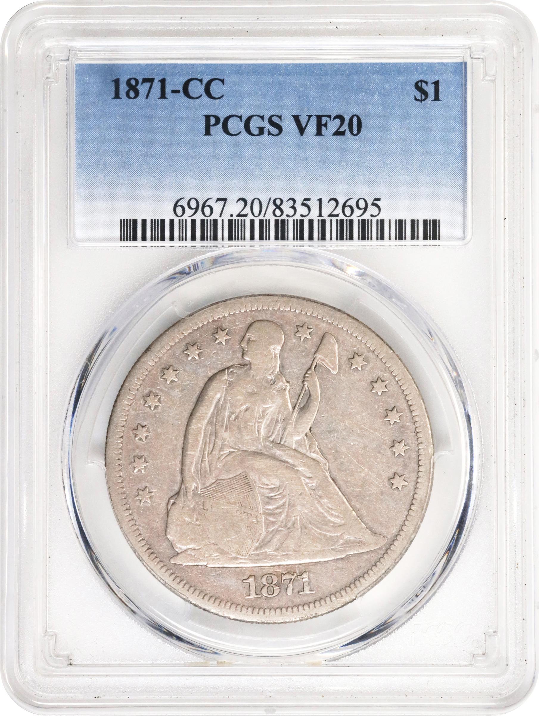 image for: 1871-CC Liberty Seated Silver Dollar. OC-1. Rarity-4+. Top 30 Variety. Misplaced Date. VF-20 (PCGS).