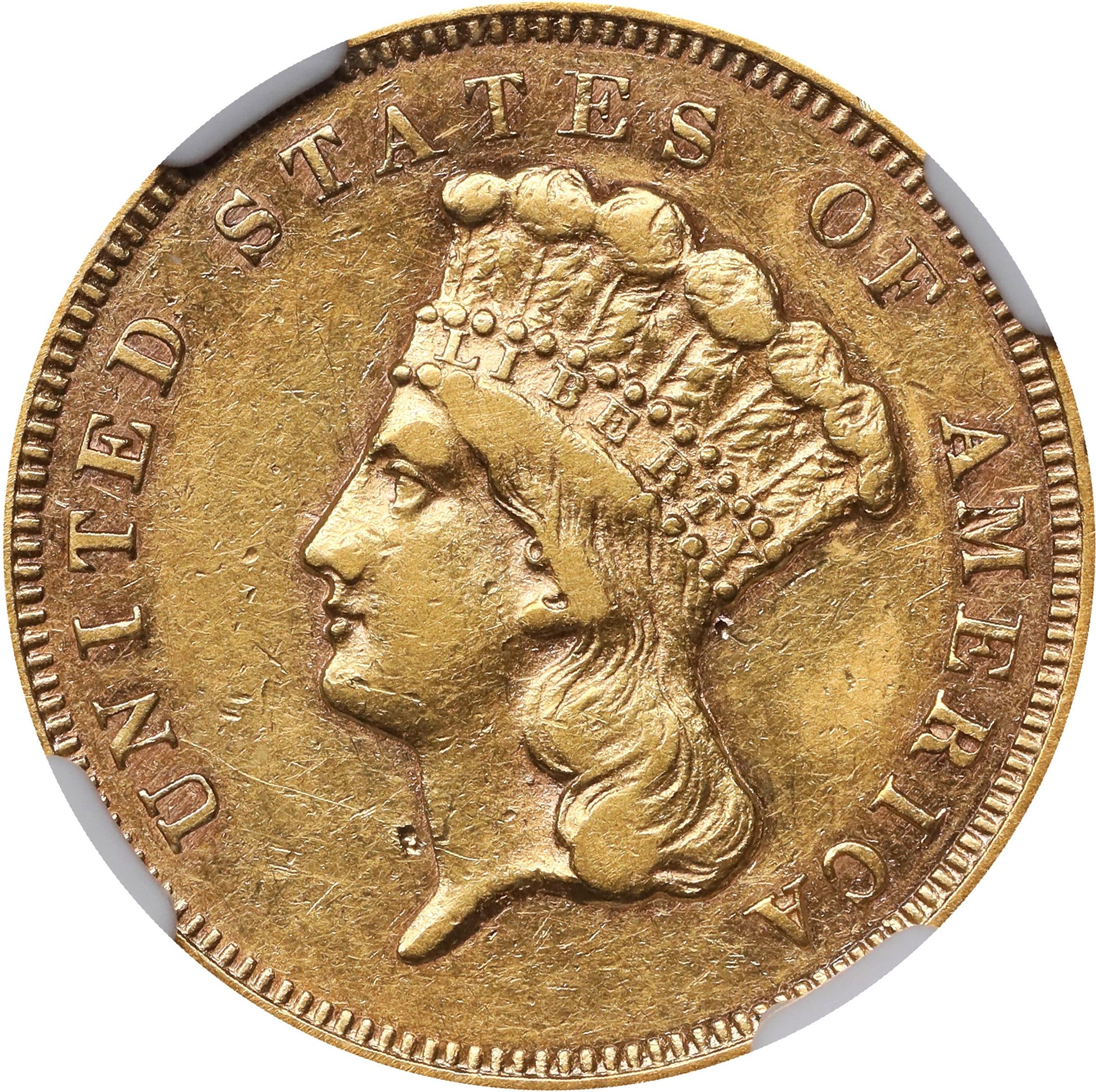 image for: 1865 Three-Dollar Gold Piece. AU-50 (NGC).