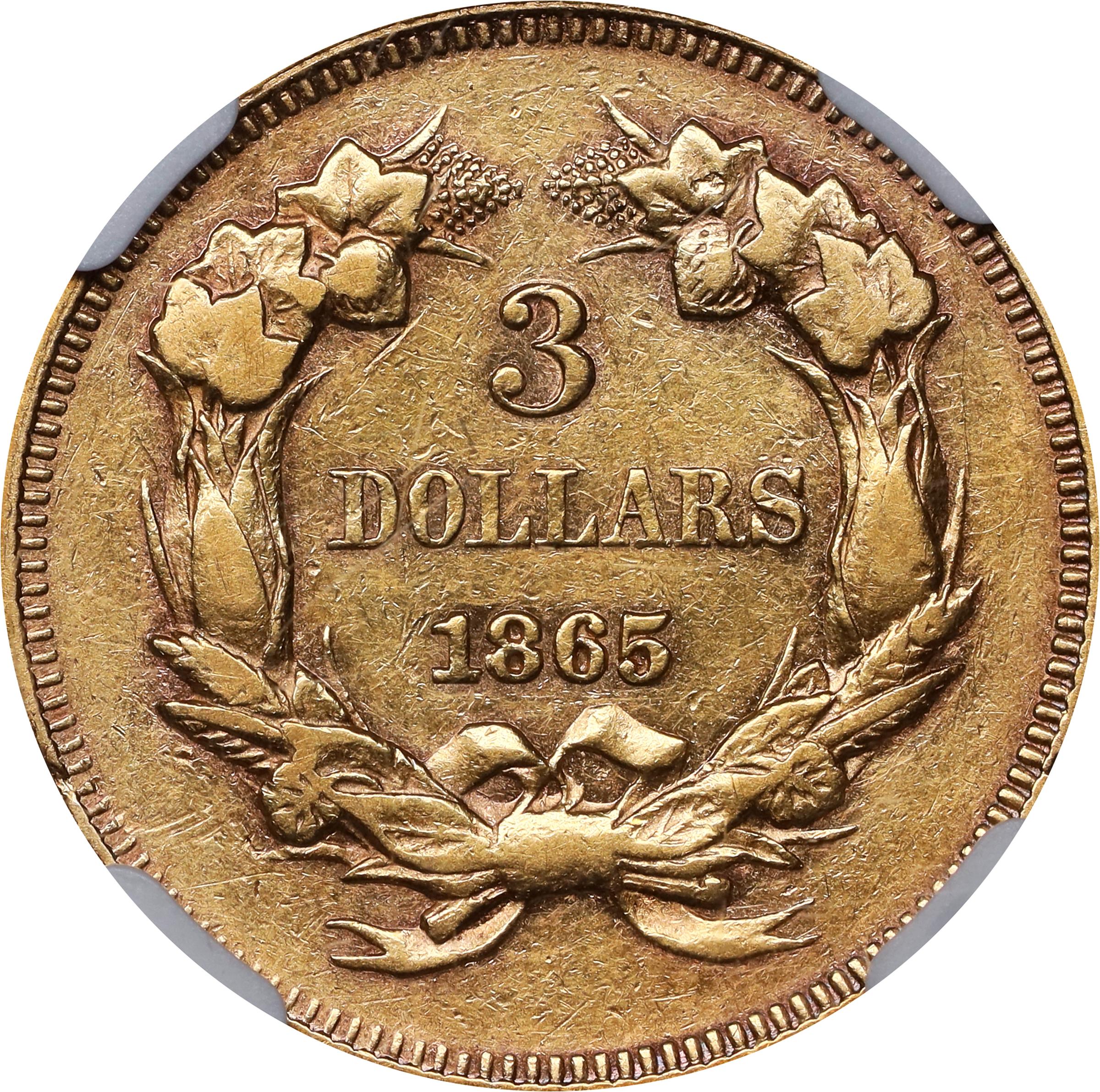image for: 1865 Three-Dollar Gold Piece. AU-50 (NGC).
