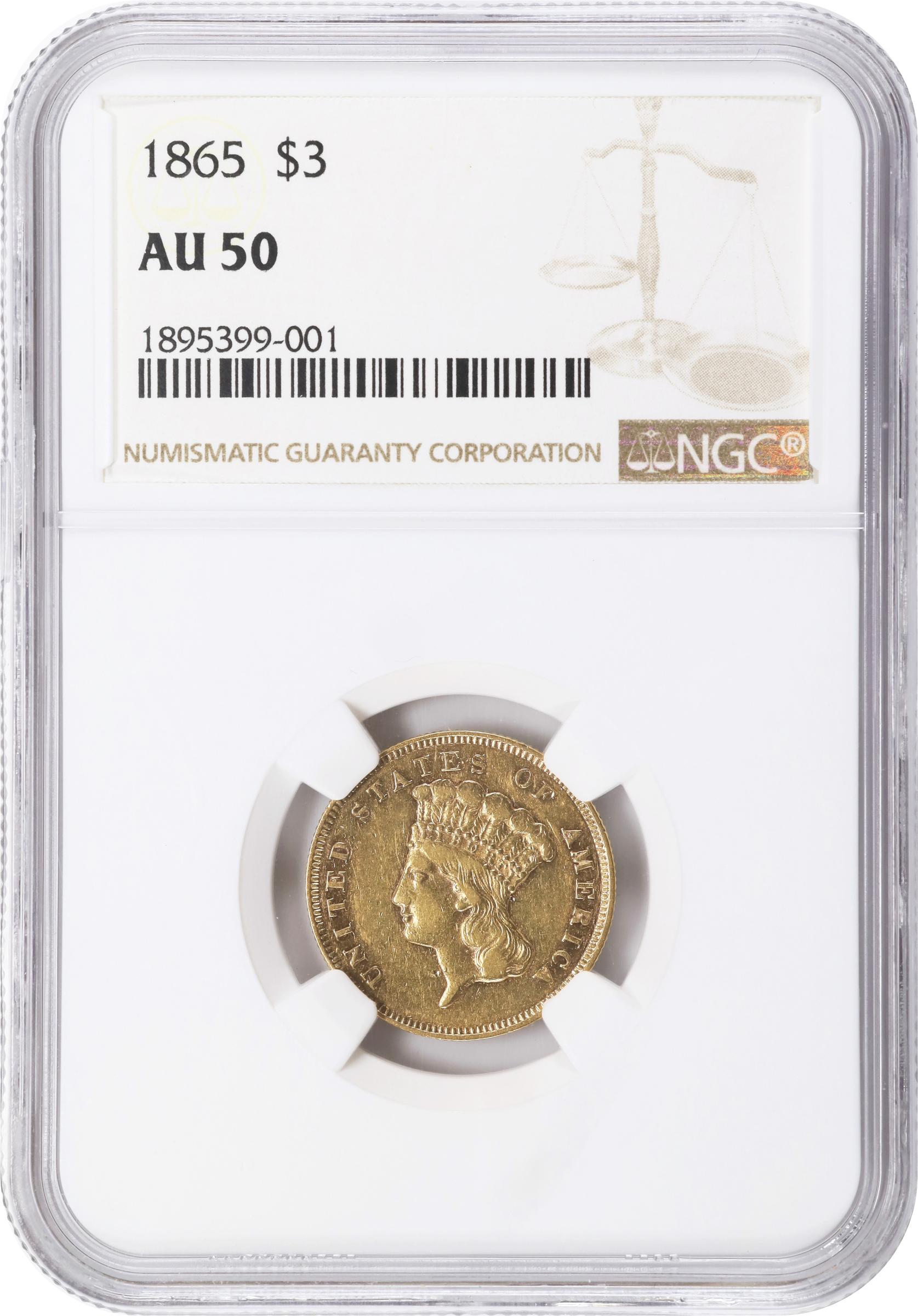 image for: 1865 Three-Dollar Gold Piece. AU-50 (NGC).