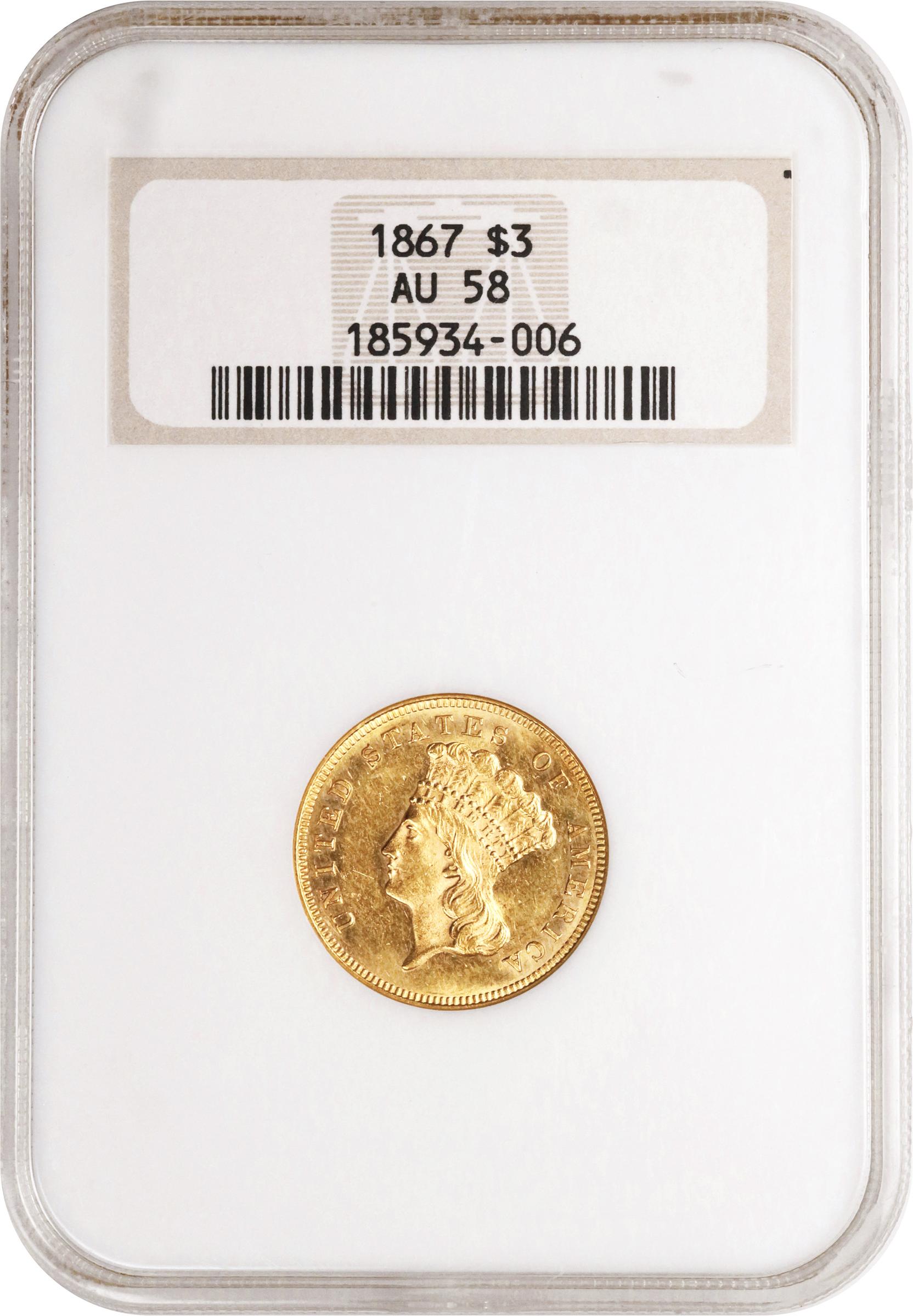 image for: 1867 Three-Dollar Gold Piece. AU-58 (NGC). OH.