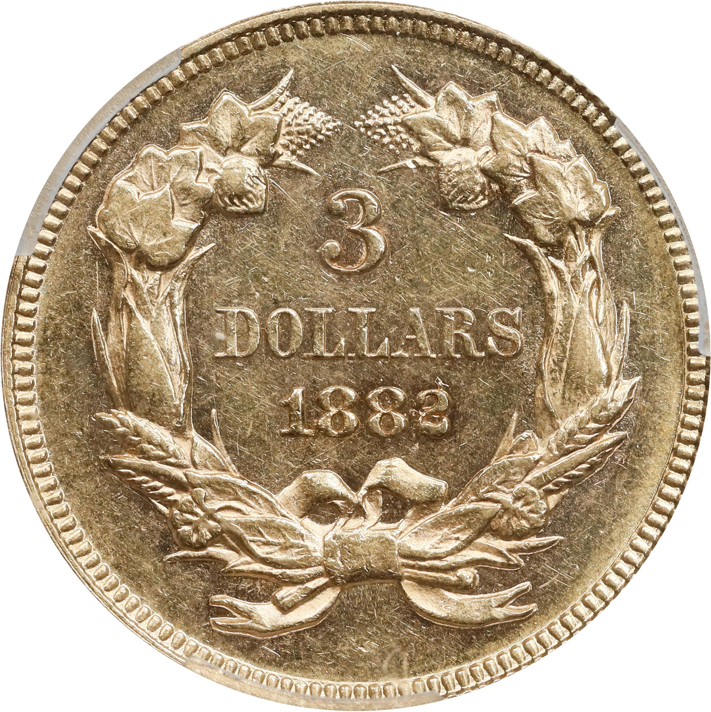image for: 1882 Three-Dollar Gold Piece. MS-61 PL (PCGS).