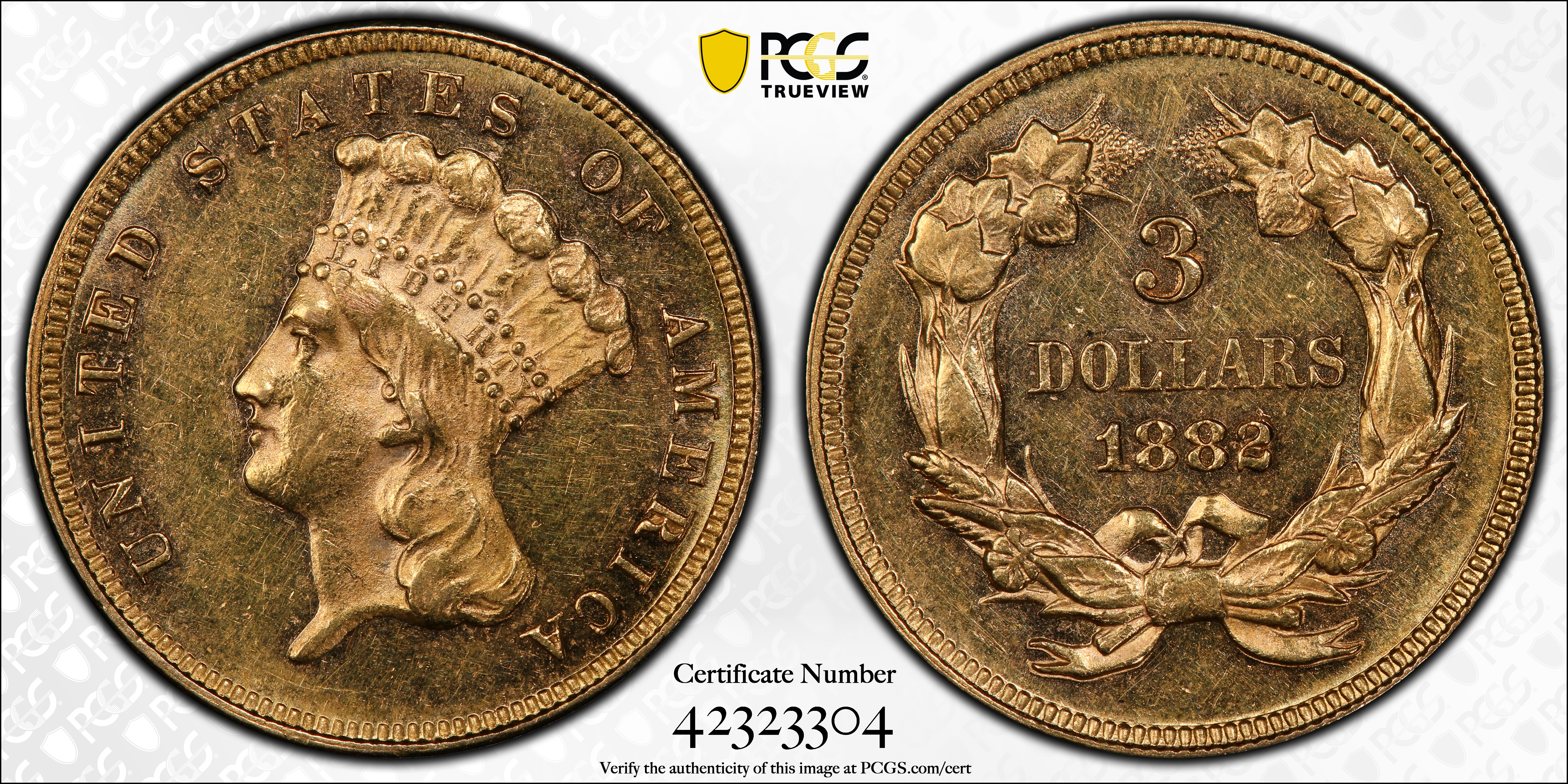 image for: 1882 Three-Dollar Gold Piece. MS-61 PL (PCGS).