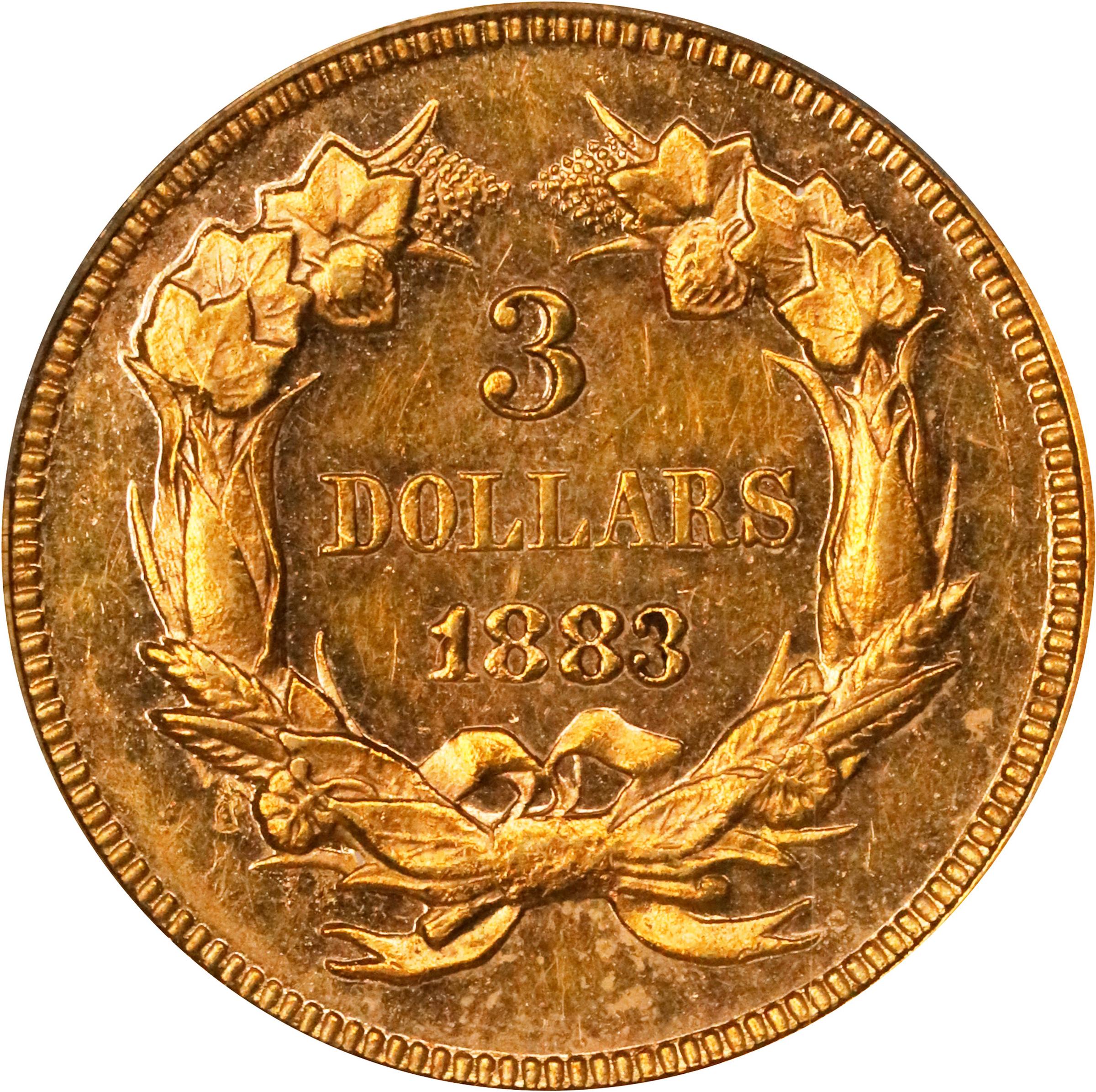 image for: 1883 Three-Dollar Gold Piece. JD-1. Rarity-5. Proof-60 (PCGS). OGH.
