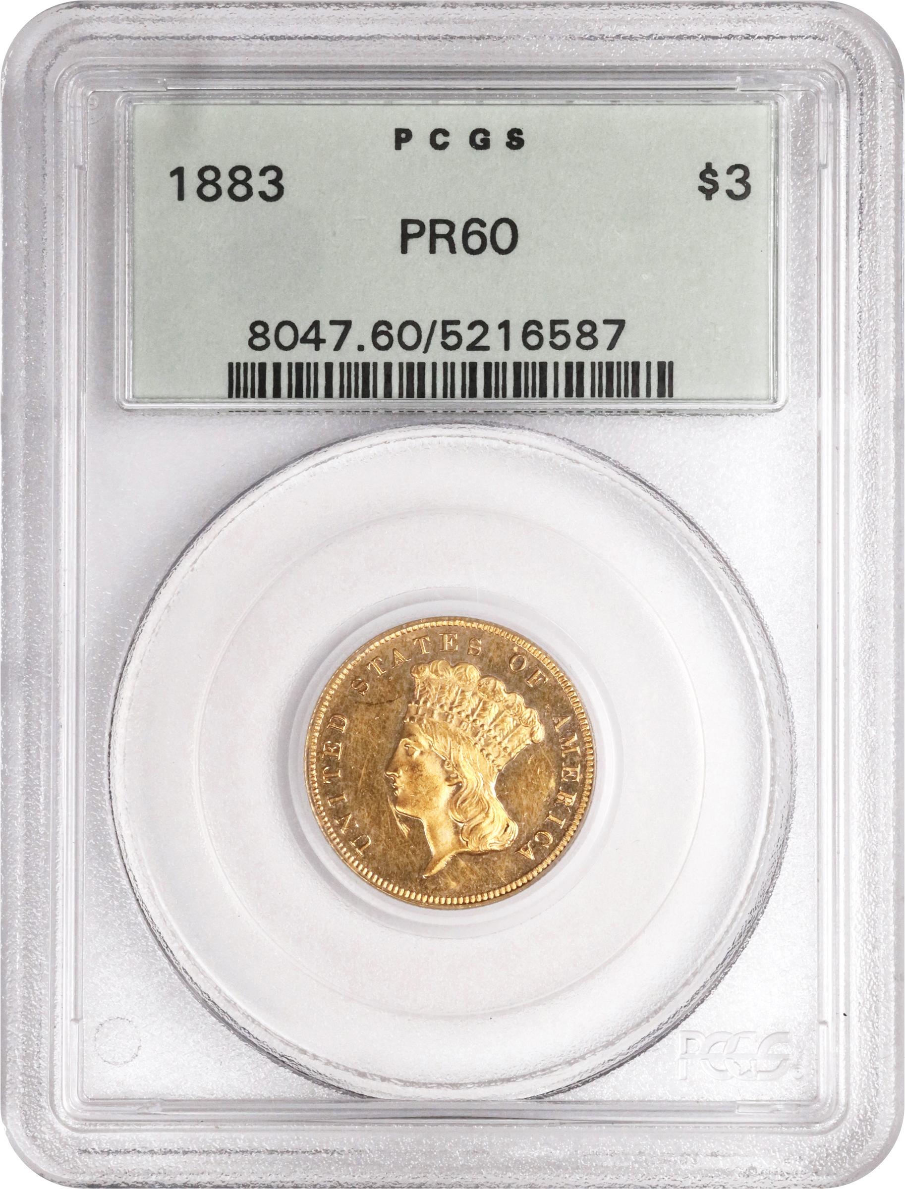 image for: 1883 Three-Dollar Gold Piece. JD-1. Rarity-5. Proof-60 (PCGS). OGH.