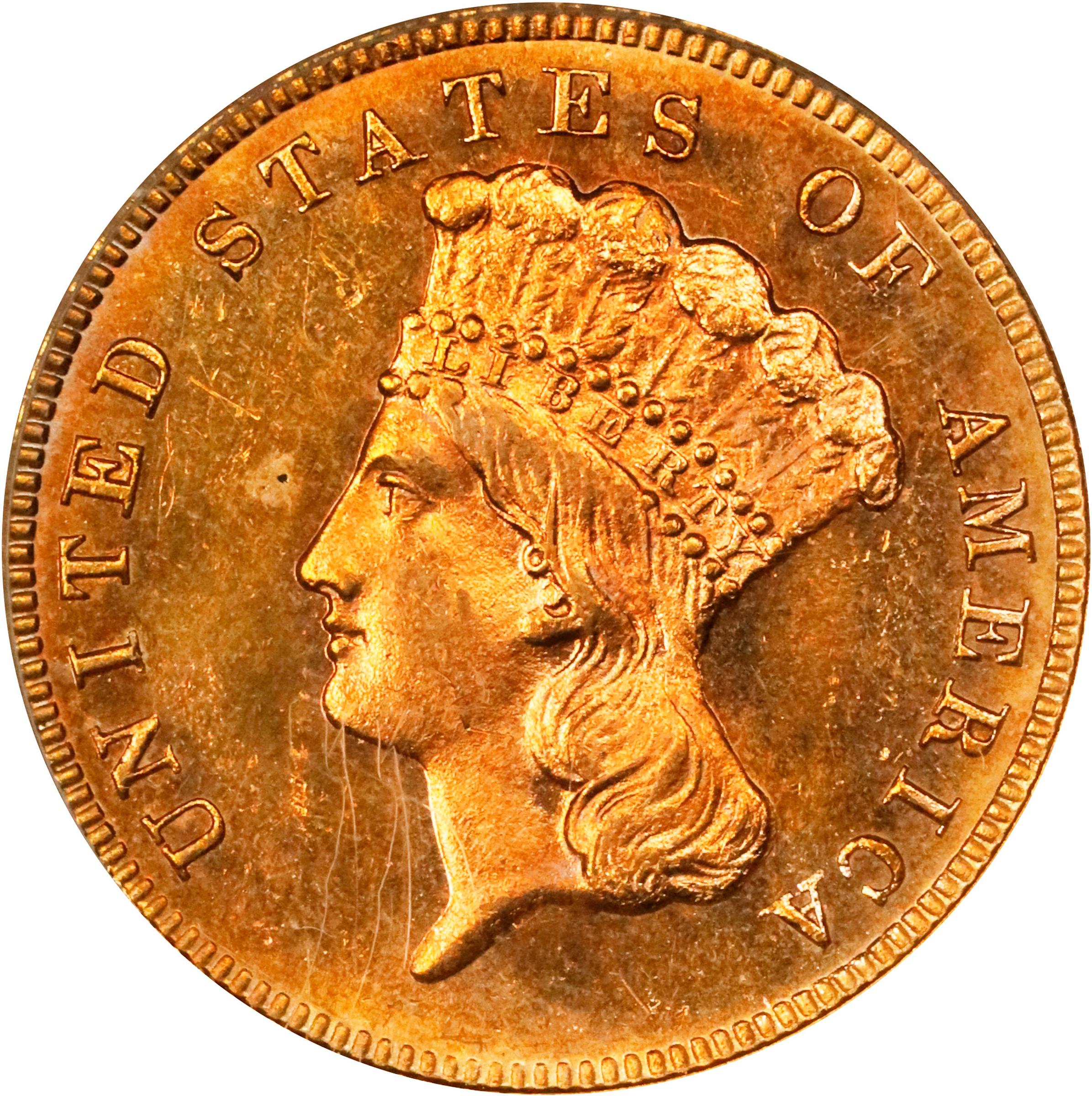 image for: 1884 Three-Dollar Gold Piece. MS-62 (PCGS).