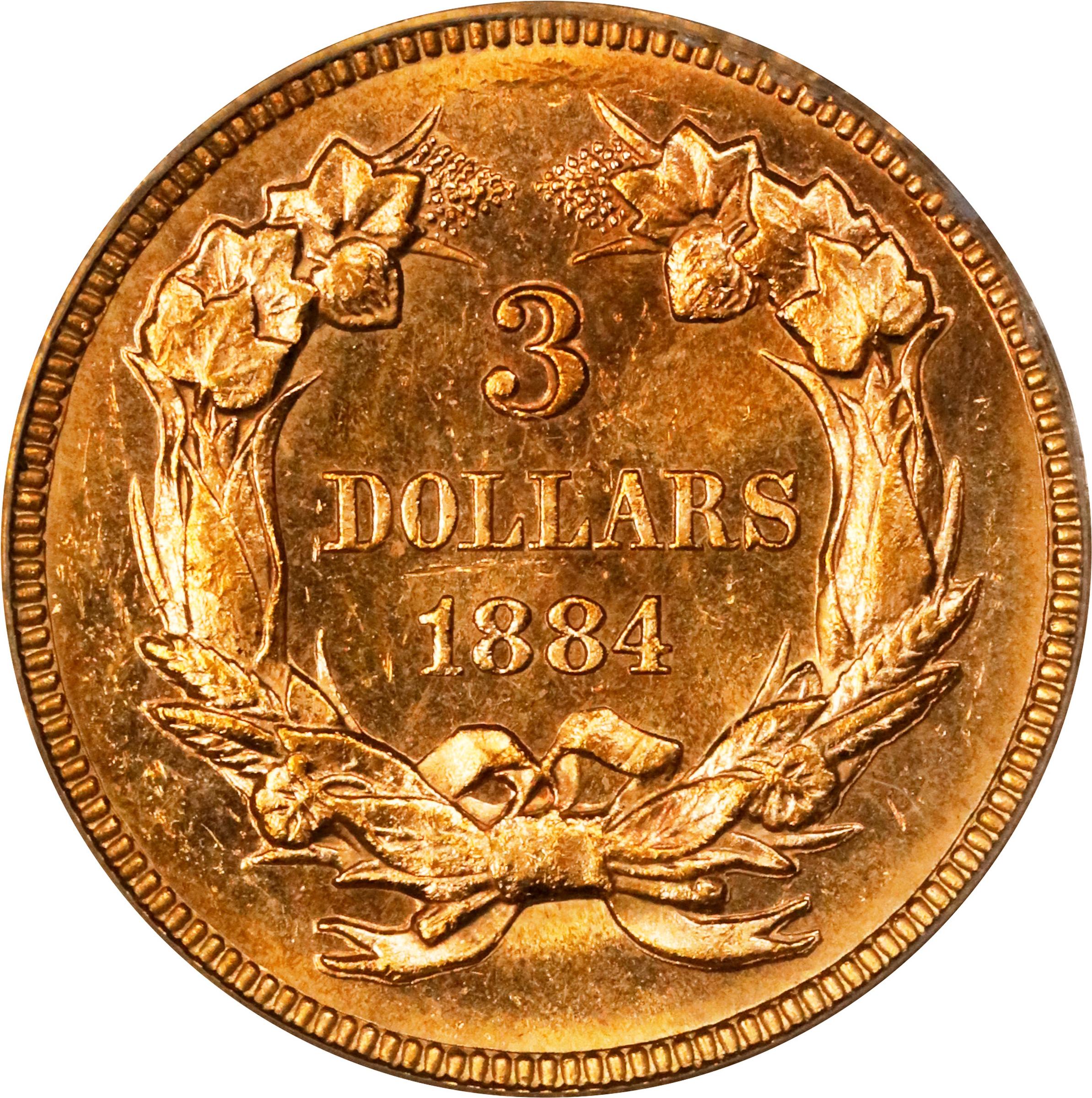 image for: 1884 Three-Dollar Gold Piece. MS-62 (PCGS).
