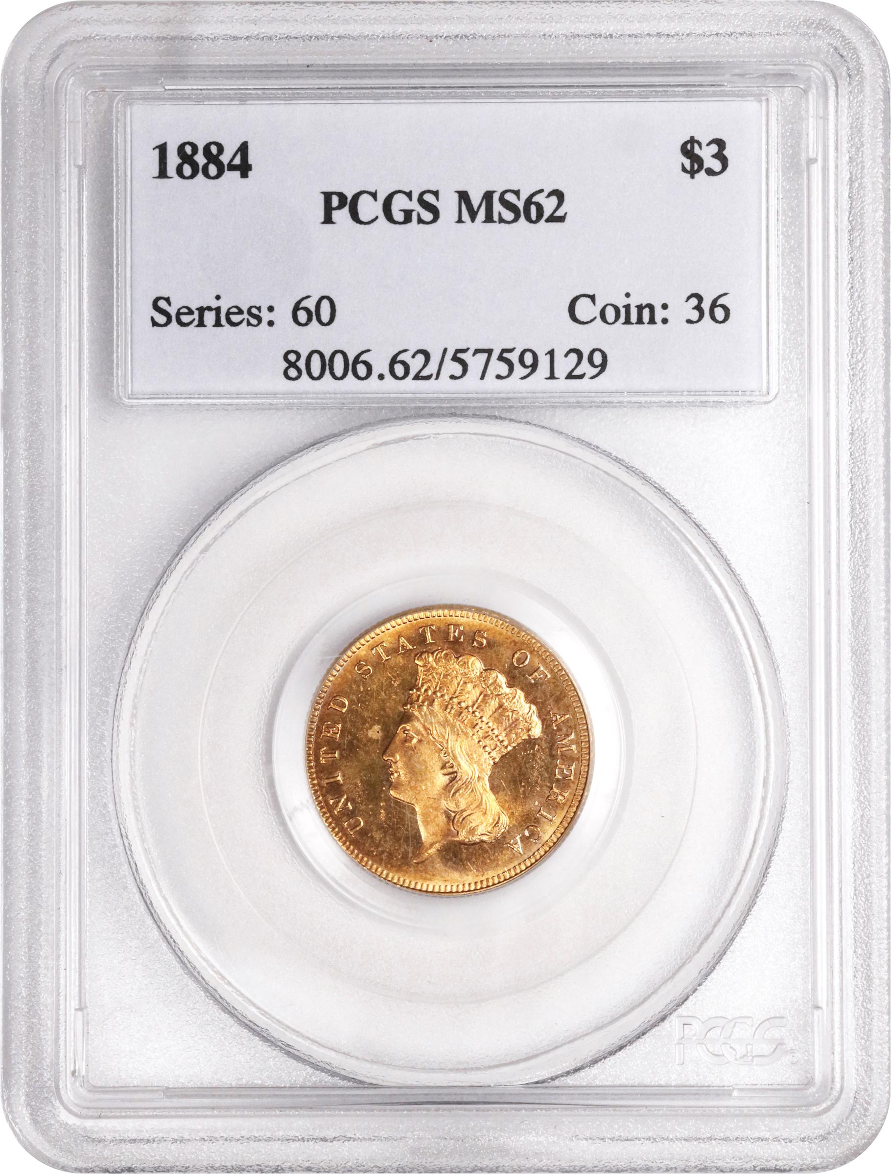 image for: 1884 Three-Dollar Gold Piece. MS-62 (PCGS).