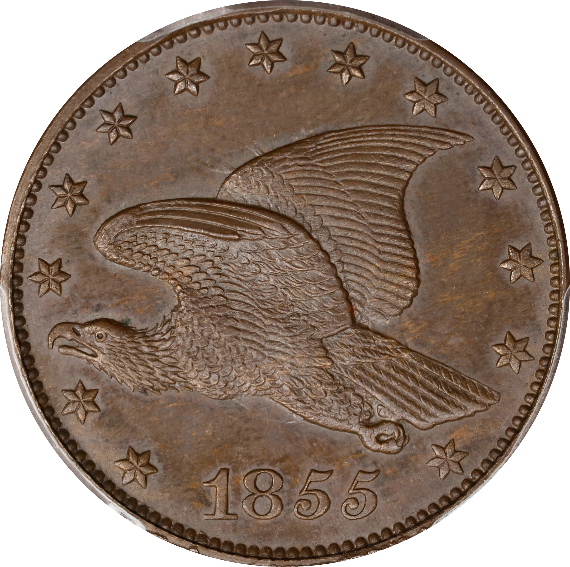 image for: 1855 Pattern Flying Eagle Cent. Judd-168 Original, Pollock-193. Rarity-4. Bronze. Plain Edge. Proof-64 BN (PCGS).