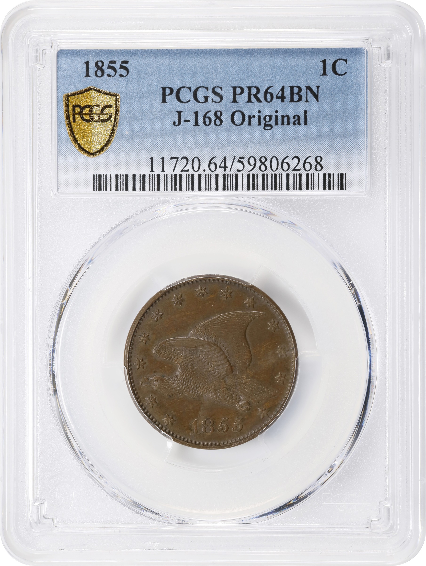 image for: 1855 Pattern Flying Eagle Cent. Judd-168 Original, Pollock-193. Rarity-4. Bronze. Plain Edge. Proof-64 BN (PCGS).