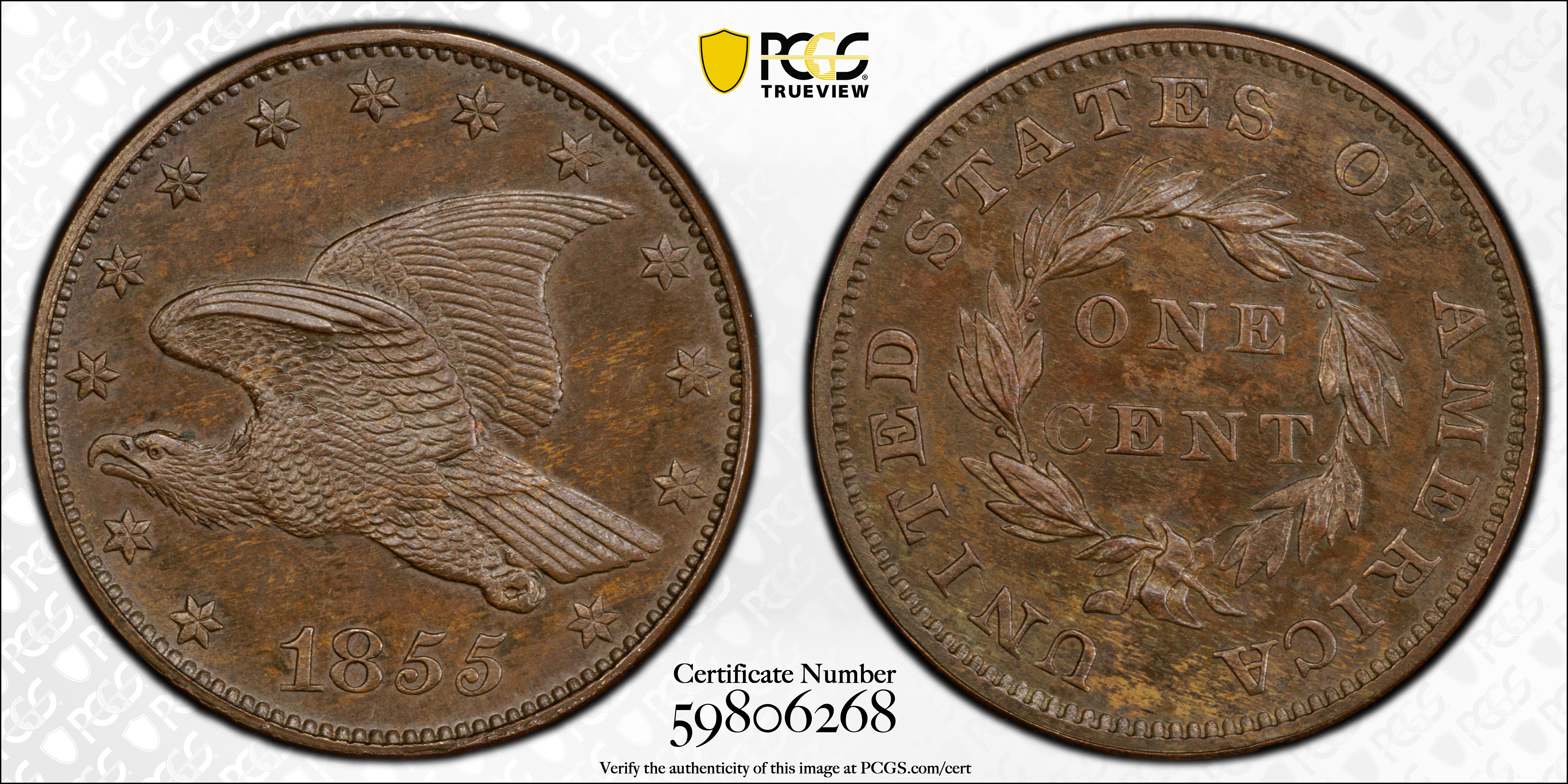 image for: 1855 Pattern Flying Eagle Cent. Judd-168 Original, Pollock-193. Rarity-4. Bronze. Plain Edge. Proof-64 BN (PCGS).