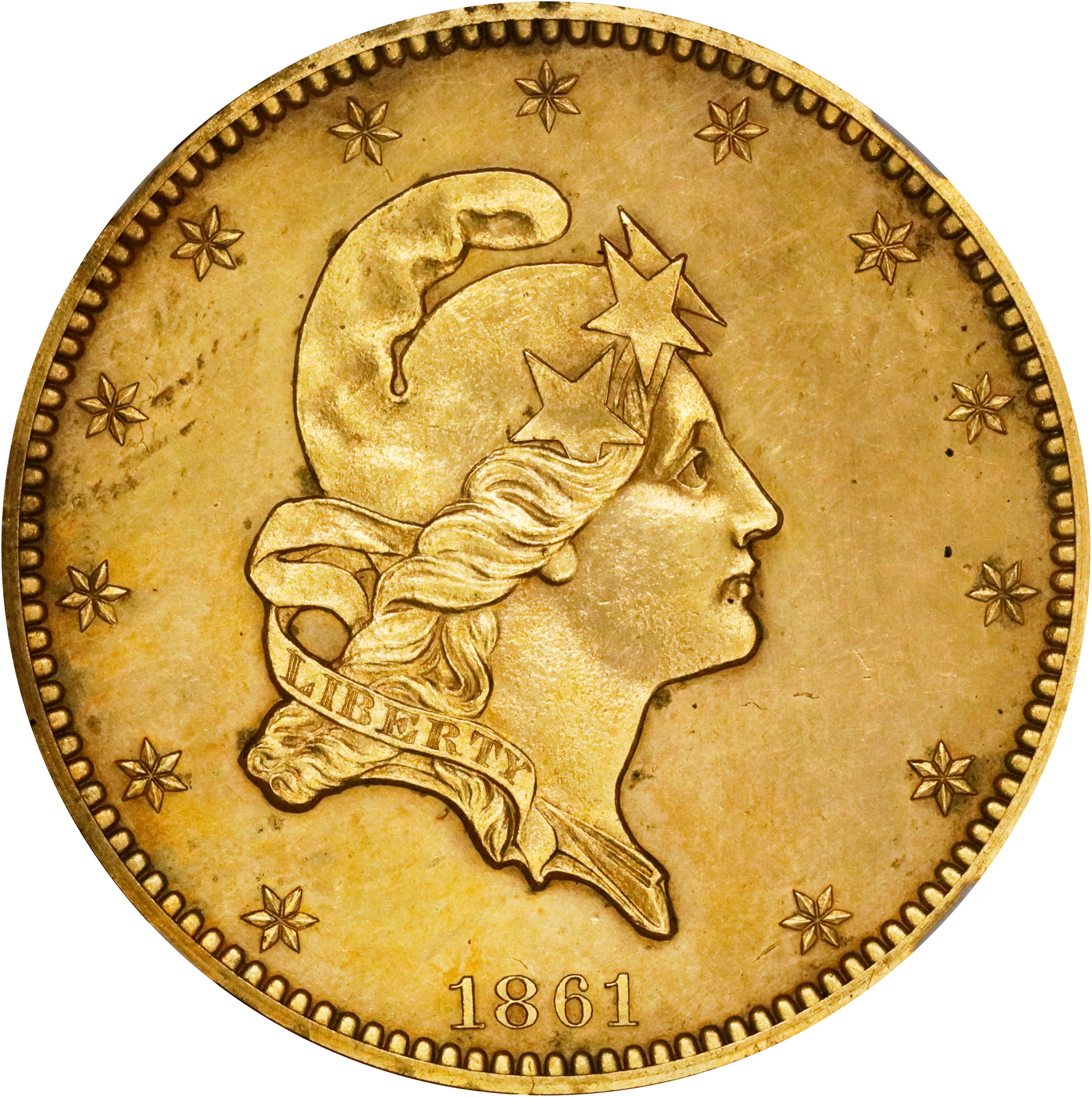 image for: 1861 Pattern Half Eagle. Judd-283 Gilt, Pollock-336. Rarity-7-. Copper, Gilt. Reeded Edge. Thick Planchet. Proof-62 (NGC).