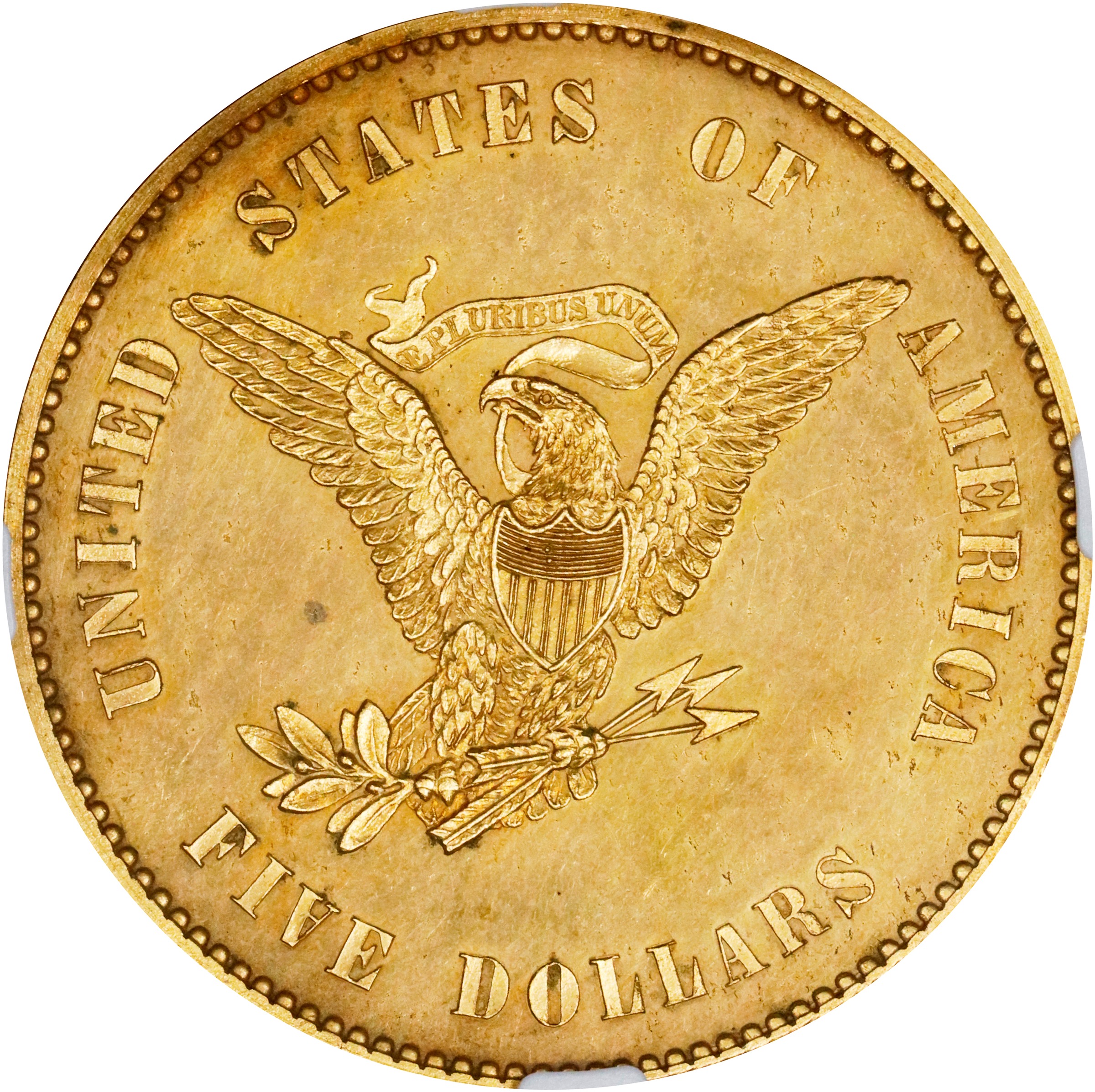 image for: 1861 Pattern Half Eagle. Judd-283 Gilt, Pollock-336. Rarity-7-. Copper, Gilt. Reeded Edge. Thick Planchet. Proof-62 (NGC).