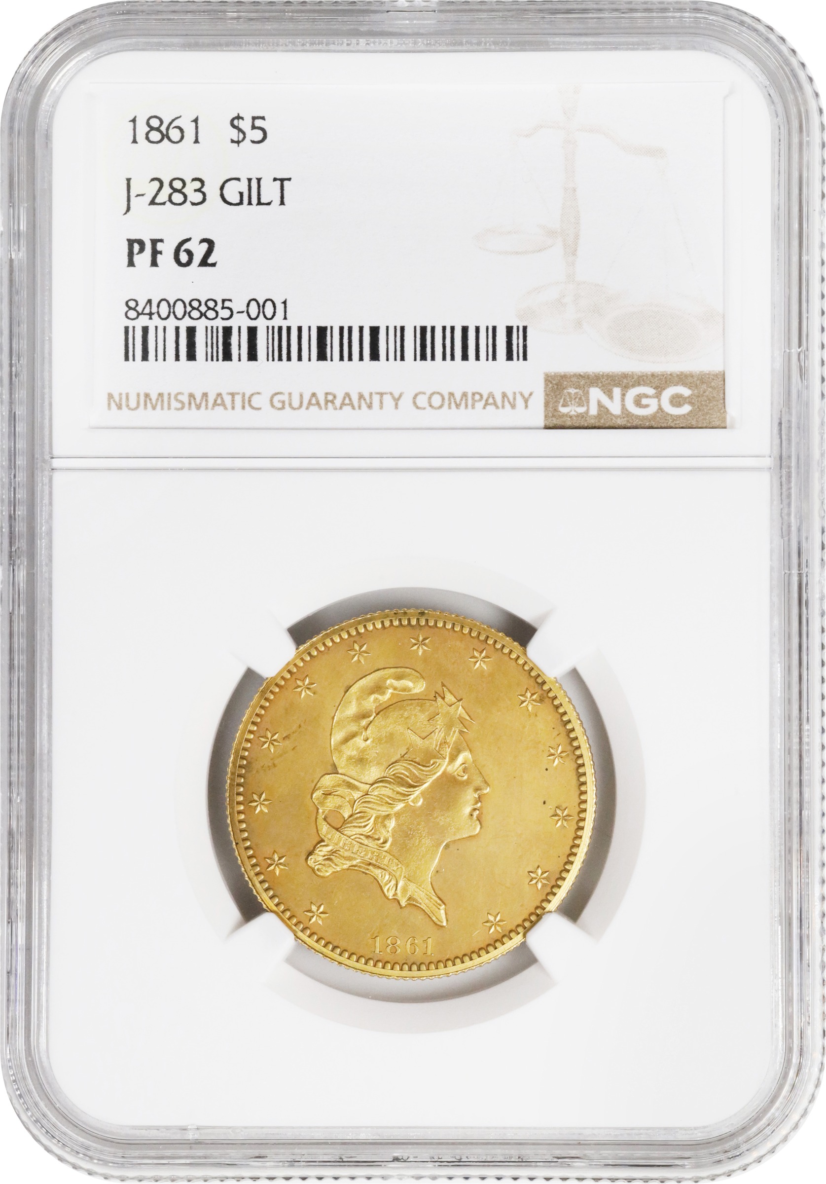 image for: 1861 Pattern Half Eagle. Judd-283 Gilt, Pollock-336. Rarity-7-. Copper, Gilt. Reeded Edge. Thick Planchet. Proof-62 (NGC).