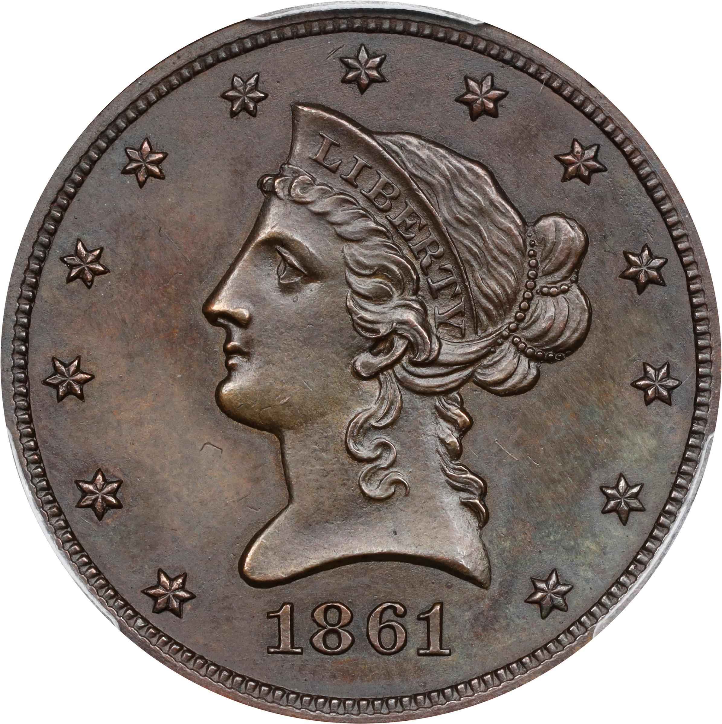 image for: 1861 Pattern Liberty Head Eagle. Judd-285, Pollock-340. Rarity-6+. Copper. Reeded Edge. Proof-63 BN (PCGS).